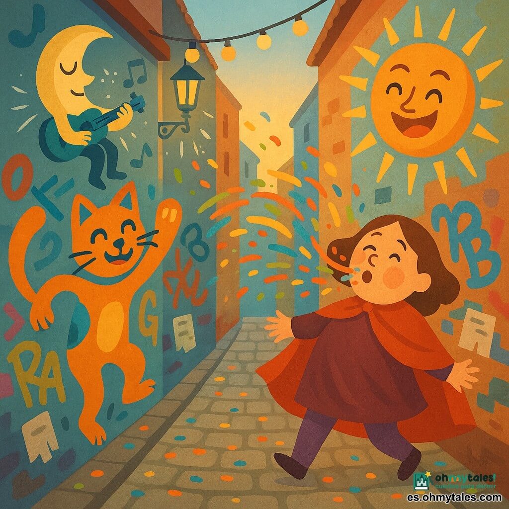 La protagonista es Maravillosa, mujer gozosa y concentrada de rostro redondo y sonrisa dulce, que estornuda y lanza una nube de confeti multicolor; detrás, un gran gato de graffiti naranja y turquesa hace una pirueta con la pata alzada; en la pared, una luna femenina toca una pequeña guitarra sentada en un farol, y un sol masculino sonríe lanzando rayos convertidos en confeti dorado; todo ocurre en una estrecha callejuela empedrada con muros de ladrillo cubiertos de graffitis vibrantes que parecen moverse, guirnaldas de luces, tags y carteles rasgados, mientras el confeti revive los graffitis danzantes y las primeras luces de la mañana asoman en el horizonte.