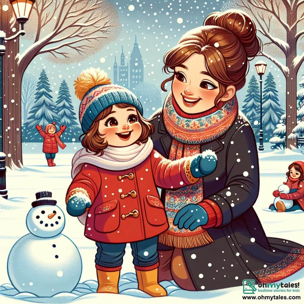 A one-year-old girl with big sparkling eyes and rosy cheeks is joyfully laughing in a snowy park. She is wearing a bright red coat, a blue wool hat, and yellow gloves, raising her arms to the sky, amazed by the falling snowflakes around her. Next to her, her mother, a woman in her thirties with brown hair in a bun and a warm smile, is rolling a large snowball to build a snowman. She is wearing a black coat and a colorful scarf, slightly leaning towards her daughter. The park is filled with tall trees laden with snow, and the ground is covered with a thick layer of sparkling snow under the winter sun. Snowflakes dance in the air, creating a magical atmosphere. The little girl is having fun playing in the snow, throwing snowballs and laughing, while her mother builds a snowman beside her, their shared moment illuminated by the joy of winter.