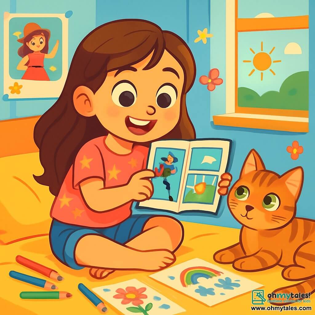 An 8-year-old girl with long brown hair and sparkling eyes is sitting on her bed, a big smile on her face, showing her joy and excitement. She is wearing a pink t-shirt with stars and denim shorts. Next to her, a striped cat with green eyes named Whiskers is lying down, looking curiously at the girl's drawing notebook. The room has scattered colored pencils and decorated sheets of paper, creating an artistic atmosphere. The walls are painted light blue, adorned with cartoon posters and colorful stickers. A window lets in sunlight, illuminating the scene. The girl is proudly showing her comic book to Whiskers, sharing her adventure story. The atmosphere is joyful and creative, filled with bright colors and fun details, illustrating the moment she overcomes her doubts to express her passion.