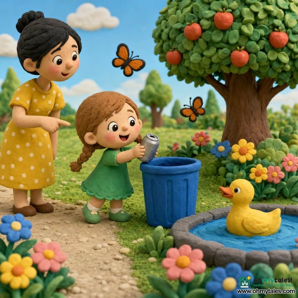 A joyful, curious 2-year-old girl with bright eyes and light brown hair in two small braids, rosy round cheeks, wearing a green dress and small green shoes, picks up a silver can and holds it toward a blue trash bin; her mother, about 30, with a gentle smile and black hair in a bun, stands behind her pointing to the bin, wearing a yellow dress with white polka dots. A bright yellow duck swims in a calm blue pond nearby and two orange-and-black butterflies fly above flowers. It's a sunny park with a small round pond, textured green grass, a large apple tree with red apples, colorful flowerbeds and a beige gravel path. The main scene shows the girl happily focused on disposing of the metal litter into the blue bin, surrounded by caring nature and curious animals.