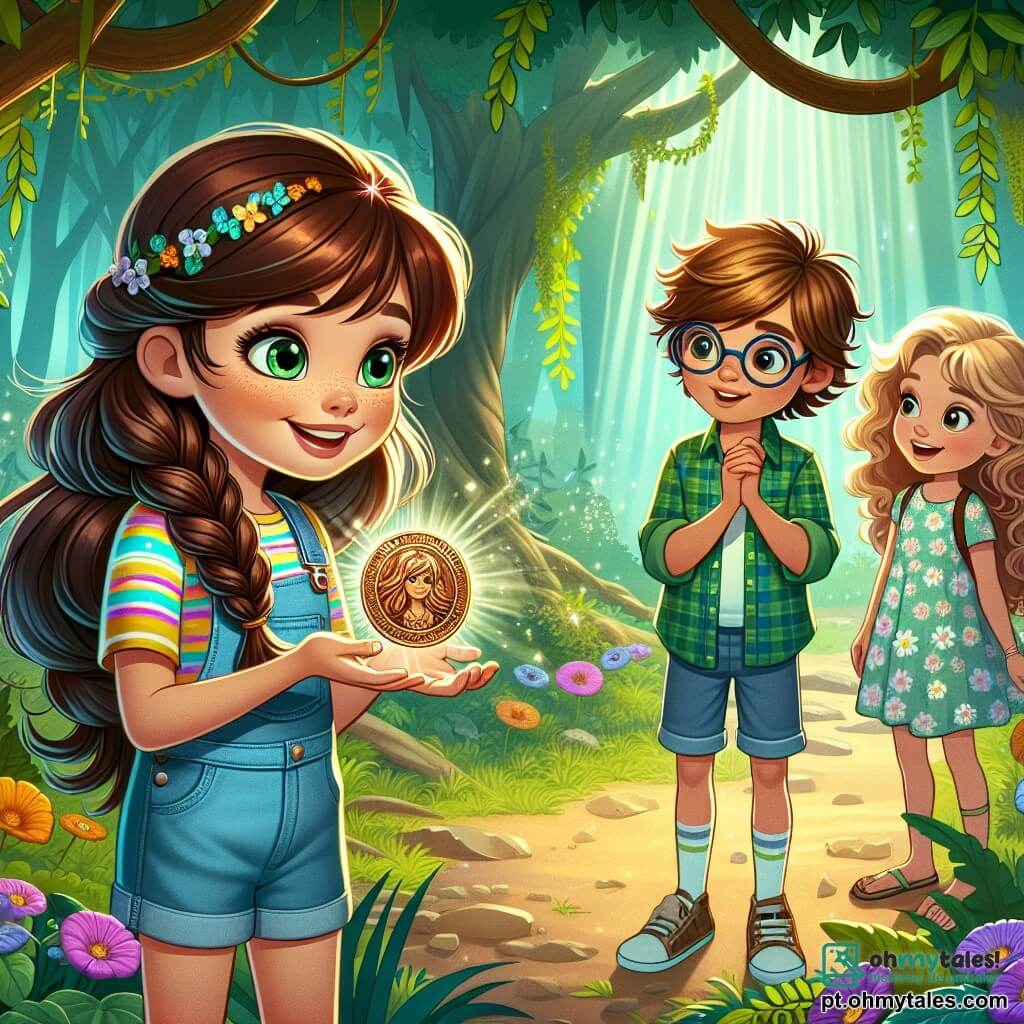 Em uma clareira encantada, uma menina de 10 anos, Mariana, está no centro, com os olhos brilhando de emoção. Ela tem longos cabelos castanhos presos em uma trança e usa uma camisa xadrez colorida com um short de jeans. Seu rosto está iluminado por um largo sorriso enquanto segura uma medalha antiga nas mãos, como se tivesse feito uma descoberta incrível. Ao seu lado, Lucas, um menino de 9 anos com cabelos castanhos e óculos redondos, observa atentamente a medalha, com as sobrancelhas franzidas de concentração. Ele usa uma camiseta verde e um short azul, inclinando-se levemente para frente, curioso para entender o mistério. Sofia, uma menina de 9 anos com cabelos loiros cacheados e óculos de sol na cabeça, está um pouco afastada, com os braços cruzados e um sorriso travesso no rosto. Ela usa um vestido florido e sandálias, pronta para compartilhar suas ideias sobre a aventura que está por vir. O cenário é uma floresta exuberante, com grandes árvores de folhas verdes vibrantes, flores coloridas espalhadas pelo chão e um suave raio de sol filtrando através dos galhos, criando uma atmosfera mágica. A situação principal mostra Mariana, Lucas e Sofia descobrindo a medalha antiga, cercados de mistério e excitação, prontos para resolver o enigma que os aguarda nesta floresta cheia de segredos.