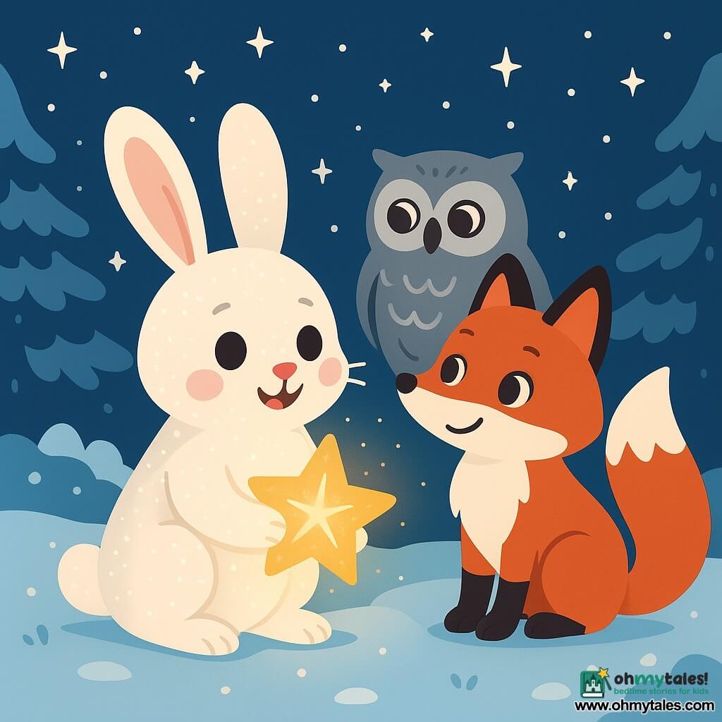 In the center of the image, a small rabbit named Oliver, with soft and fluffy fur that sparkles like stars, holds a bright golden star in his paws. His expression is one of wonder and joy. Next to him, Fiona the fox, with a bright red coat and eyes sparkling with curiosity, watches the star with a delighted smile. In the background, an old owl with gray feathers and wise eyes looks at the star with deep admiration. The scene takes place in a snowy clearing, surrounded by trees covered in glistening snow, under a night sky dotted with bright stars. The main scene depicts the magical moment when Oliver reveals the golden star to the forest animals, illuminating the clearing with a warm, golden glow.