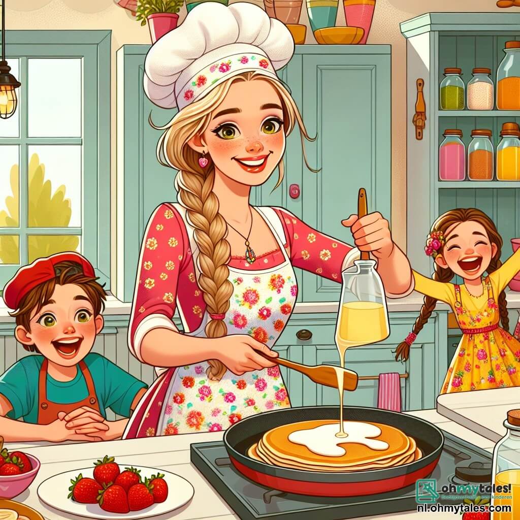 In een heldere en kleurrijke keuken staat een jonge vrouw genaamd Nina, ongeveer 25 jaar oud, stralend en glimlachend in het midden, met een bloemen schort en een koksmuts. Ze giet pannenkoekbeslag in een grote pan, met vreugde in haar ogen. Naast haar staat een 8-jarig jongetje, Sam, met een rode pet en tousled haar, die van opwinding springt met een houten spatel in zijn hand, klaar om te helpen met het omdraaien van de pannenkoeken. Een ander personage, Lila, een 7-jarig meisje met vlechten en een kleurrijke jurk, zit aan de tafel omringd door vers fruit, terwijl ze haar pannenkoek decoreert met aardbeien en honing, met een grote glimlach op haar gezicht. De keuken is ruim, met pastelgele muren, planken vol kleurrijke specerijpotten en ramen die zonlicht binnenlaten, wat een warme en uitnodigende sfeer creëert. De hoofdscène toont Nina en de kinderen in volle actie, lachend en plezier makend terwijl ze pannenkoeken bakken, en delen vreugdevolle en leerzame momenten in een vriendelijke en speelse sfeer.