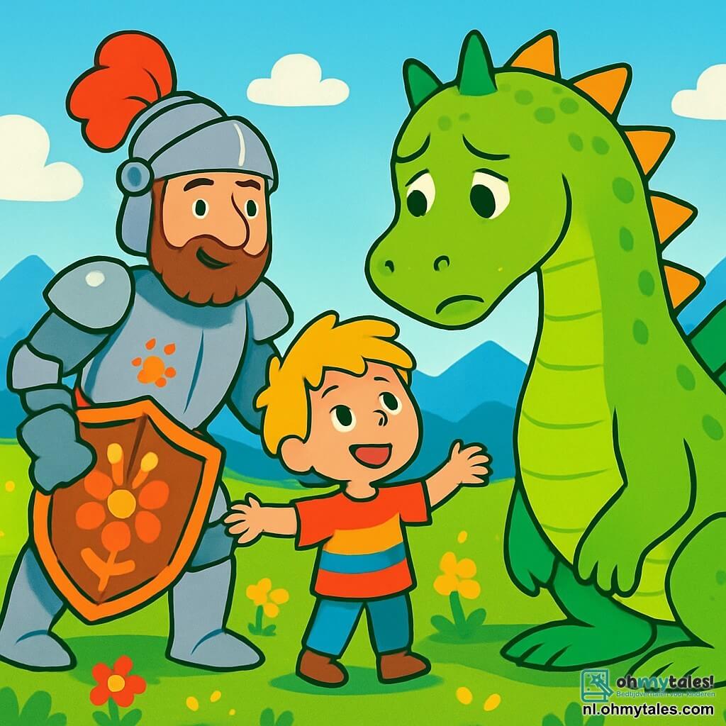 Een ridder genaamd Bram, een man van middelbare leeftijd met een bruine baard en sprankelende ogen, staat moedig in het midden van de afbeelding. Hij draagt een glanzende wapenrusting versierd met bloemmotieven en houdt een grote versierde houten schild vast. Zijn gezicht straalt vastberadenheid en vriendelijkheid uit terwijl hij glimlacht naar een jonge jongen naast hem. 

De jongen, Joris, ongeveer 8 jaar oud, heeft rommelig blond haar en draagt een kleurrijke tuniek. Hij kijkt met verwonderde ogen naar de draak, met open armen alsof hij het dier wil verwelkomen. 

De scène speelt zich af op een uitgestrekt groen veld, bezaaid met kleurrijke bloemen onder een stralende blauwe lucht. In de verte rijzen majestueuze bergen op, wat een contrast vormt met de zachtheid van het landschap. 

De belangrijkste situatie toont Bram en Joris die zich naderen tot een grote draak met glanzende groene schubben, die er verdrietig en verloren uitziet. De drie personages vormen een tableau van vriendschap en moed, klaar om de draak te helpen zijn weg terug te vinden.
