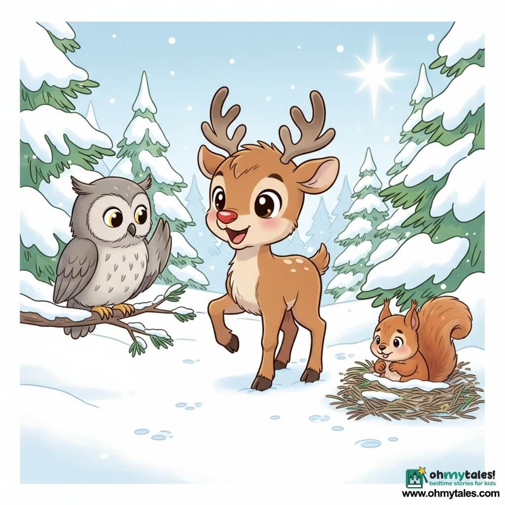 A young reindeer with soft brown fur and large shiny round eyes, smiling and amazed, stands on the snow with one hoof raised as if showing the way; an old owl named Oliver with gray plumage and wise yellow eyes perches on a low branch to the left, watching and nodding; a small red squirrel named Sandy, trembling but relieved, is nestled in a pine-needle nest partially covered in snow near the ground to the right; snowy forest of green firs laden with snow, pale blue sky with a bright star above; main scene: the reindeer helps the squirrel find its nest, warm gestures and a glowing expression, simple centered composition, pastel colors, rounded lines and soft outlines, calm comforting atmosphere.