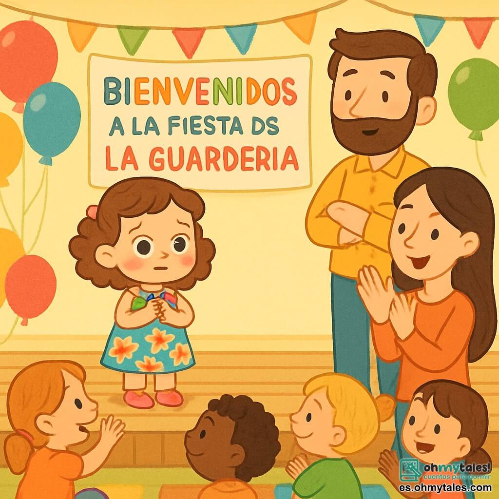 Una niña de 2 años, con grandes ojos brillantes y cabello rizado castaño, está de pie en un escenario de madera, su rostro expresa ligera nerviosismo con mejillas sonrojadas. Lleva un vestido de flores coloridas y zapatitos rosas. A su lado, su papá, un hombre de unos treinta años con barba suave y una sonrisa alentadora, la observa con orgullo, con los brazos cruzados, mientras se mantiene ligeramente atrás para darle espacio. Su mamá, una mujer de unos treinta años con cabello largo y liso, está justo frente al escenario, con las manos levantadas para aplaudir, su rostro radiante de apoyo. El lugar es una sala de fiestas decorada con globos multicolores y guirnaldas brillantes, con niños sentados en alfombrillas coloridas, esperando con impaciencia. Al fondo, un gran cartel dice "Bienvenidos a la fiesta de la guardería" en letras alegres. La situación principal muestra a la niña tomando una profunda respiración, lista para hablar frente a sus amigos y familiares, mientras los otros niños la animan con sonrisas y gestos de apoyo.