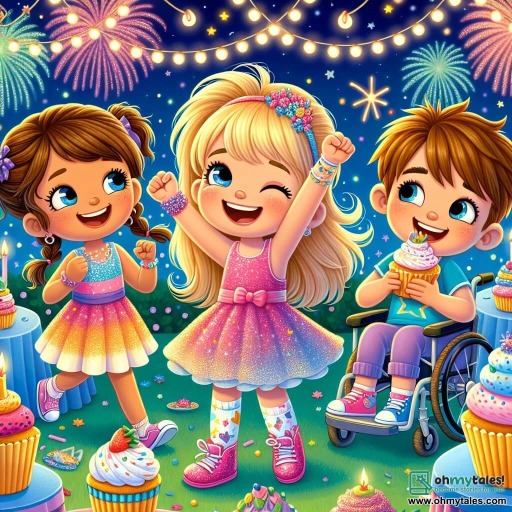 Three main characters are present: 1. **Emily**, an 8-year-old girl, wears sparkling pink shoes and a sequined dress. She is joyfully dancing with her arms raised to the sky and a big smile on her face. 2. **Leo**, a 7-year-old boy, has messy brown hair and wears a blue t-shirt with a superhero design. He is laughing out loud, holding a cupcake decorated with sprinkles in his hand. 3. **Mia**, an 8-year-old girl, uses a colorful small wheelchair. She has braided blonde hair and wears a purple sweater. She is showing a cupcake to her friends, her eyes sparkling with joy. The scene takes place in a bright garden decorated with twinkling garlands and colorful lanterns. A large table is filled with brightly colored cupcakes, while fireworks light up the night sky, creating a festive and magical atmosphere. The main situation shows the three friends celebrating New Year together, laughing and sharing cupcakes under a starry sky, surrounded by smiling neighbors who applaud and admire the dazzling fireworks.