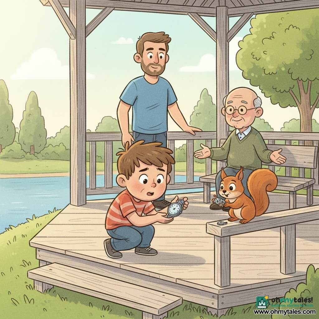 Milo is a 6‑year‑old boy with a round face, tousled brown hair and curious eyes, crouched on a wooden platform holding a small shiny watch dial in his palm with a relieved, proud expression; his grandfather, about 70 with gray hair and round glasses, sits on a bench by the worn railing with open hands and a warm smile watching tenderly, while the father, about 35 with a light beard, stands behind Milo calm and ready with one hand on the railing; a small red squirrel with bright eyes perches on the railing beside a watch fragment, paw near the dial, looking surprised and curious; the wooden belvedere sits on a small park hill overlooking a blue pond and blurred green trees, bathed in soft sunlight and warm shadows, the composition centered on Milo’s careful gesture and the family’s benevolent expressions.