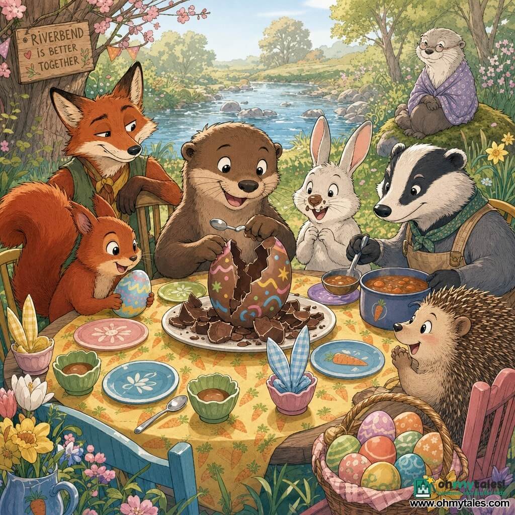Milo, a warm smiling anthropomorphic otter with glossy light brown fur and curious round eyes, breaks a large colorful chocolate egg at the center of the wooden table while holding a small silver spoon; Pip, a bright red squirrel, stands left of Milo holding a painted egg; Lila, a round soft hedgehog with speckled brown quills, sits right with a basket of multicolored eggs; Tansy, a sly red fox, stands behind the table with a paw on a chair; Juniper, a small white-eared rabbit with chocolate on their nose, and Bram, a calm sturdy badger carrying a ladle of carrot stew, gather around; Grandma Nori, an elderly silver otter, watches from the riverbank seated on a moss cushion. The rustic scene is a riverbank clearing with a yellow carrot-patterned cloth, mismatched colorful plates, shell cups, napkins folded like rabbit ears, spring flowers on the grass, soft morning light and pastel, vivid colors; everyone shares the first piece of a magical chocolate egg on a communal plate, conveying warmth, conviviality and wonder.