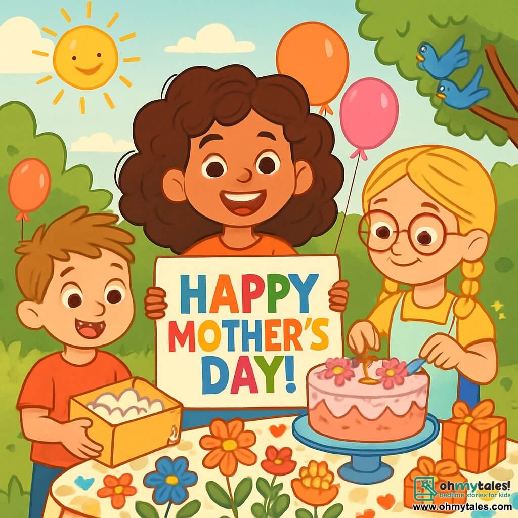 There are 3 characters: - Zoe: an 8-year-old girl with big brown curls, a bright smile, and sparkling eyes. She stands in the center holding a large colorful sign that says "Happy Mother's Day!". - Mia: an 8-year-old girl with braided blonde hair and round glasses. She is to the right of Zoe, decorating a cake with sugar flowers, spatula in hand. - Max: a 5-year-old boy with short messy hair, wearing a red t-shirt. He is to the left of Zoe, holding a box filled with marshmallows, with a mischievous look on his face. The main setting is Zoe's garden, filled with colorful flowers, floating balloons, and a large wooden table decorated with a cheerful patterned tablecloth. The sun shines in a clear blue sky, and birds sing in the trees. The main scene shows Zoe, Mia, and Max preparing a surprise for Mother's Day, with laughter, sparkling decorations, and a joyful atmosphere. The characters are surrounded by cakes, flowers, and small gifts, ready to celebrate their mom with love and creativity.