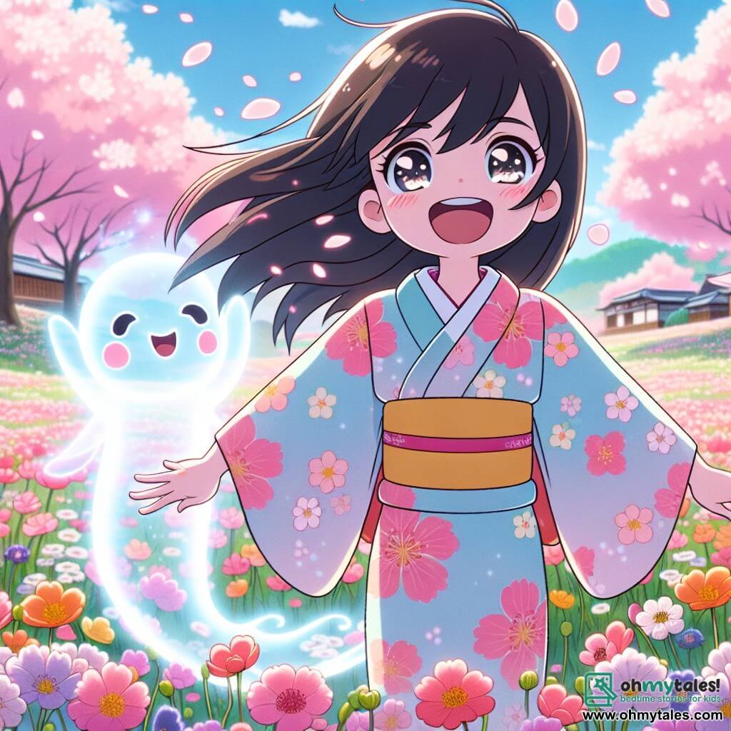 In the center of the image, Hana, a 10-year-old Japanese girl, stands with a big smile on her face. She has long, shiny black hair, sparkling curious eyes, and wears a colorful kimono adorned with cherry blossom patterns. She joyfully dances among falling pink petals, her arms raised to the sky, expressing immense joy. Next to her, a benevolent spirit, resembling an ethereal and luminous silhouette, floats gently above the ground. This spirit, with soft shapes and pastel colors, has a smiling face and bright eyes, showing its happiness to be with Hana. In the background, a vibrant field of flowers stretches as far as the eye can see, filled with flowers of all colors, under a bright blue sky dotted with fluffy white clouds. Flowering cherry trees line the field, their branches heavy with delicate petals falling like gentle rain. The scene illustrates the magical moment when Hana and the spirit dance together, celebrating regained joy, surrounded by the beauty of nature and vibrant flowers.