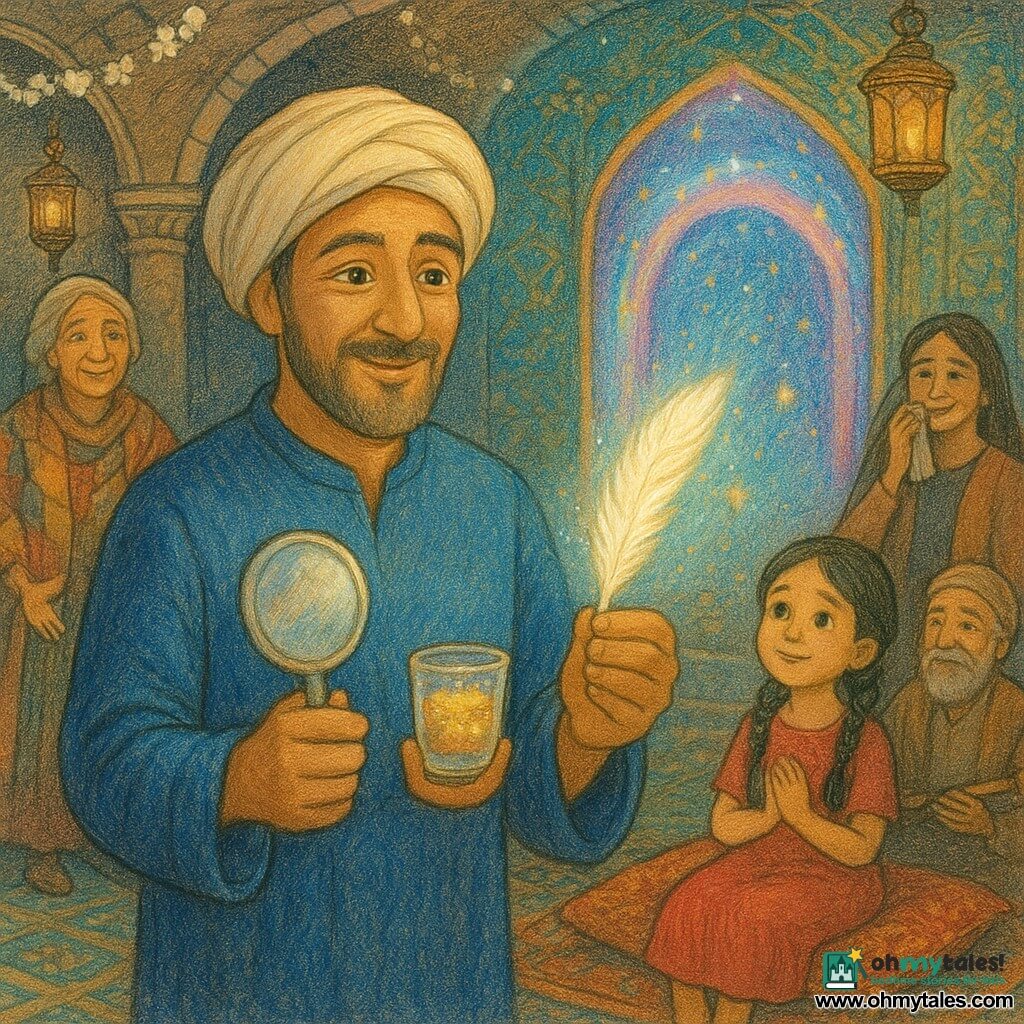 A smiling middle-aged man with a gentle face and bright kind eyes wears a deep-blue tunic and cream turban and holds a small silver round mirror, a luminous white feather, and a small glass cup of sparkling drops; behind him to the left an elderly storyteller woman with braided gray hair and a warm patchwork coat smiles with open arms; a black‑haired girl of about six in a red dress sits on a cushion to the right, hands clasped in wonder; an older musician with a flute rests in the background and a woman of about thirty stands slightly back, wiping a tear with a grateful smile; they are in an oriental night courtyard with carved stone arches, turquoise-and-gold mosaic tiles, hanging metal lanterns, jasmine garlands and rich carpets as an iridescent arch—an invisible door—appears on a mosaic wall with floating stars and floral motifs while the man stands confidently in the foreground displaying the three treasures as the magical door opens and the others look on, calm and amazed.