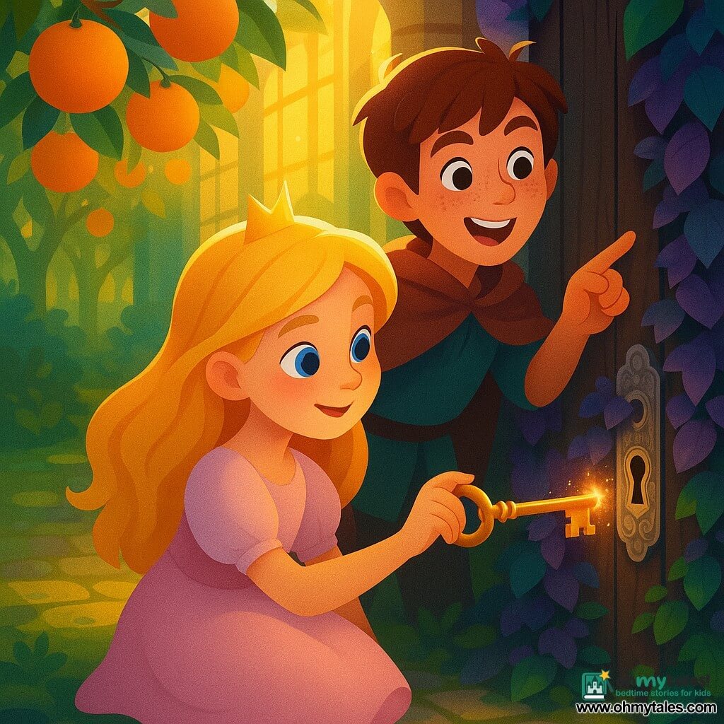Princess Elara, bright curious face and loose golden-blond hair, kneels smiling as she inserts an antique golden key into an ivy-covered lock while Finn, a freckled brown-haired boy, stands behind her to the right pointing at the door; in the sunlit orangery a mossy paved path and fruit-laden orange trees cast dappled golden light on a dark wooden door half-covered in purple ivy and moss with silver engravings around the keyhole, a warm sparkling glow escaping the seam — warm contrasted colors, rich textures and soft magical lighting centered on the princess and the door.
