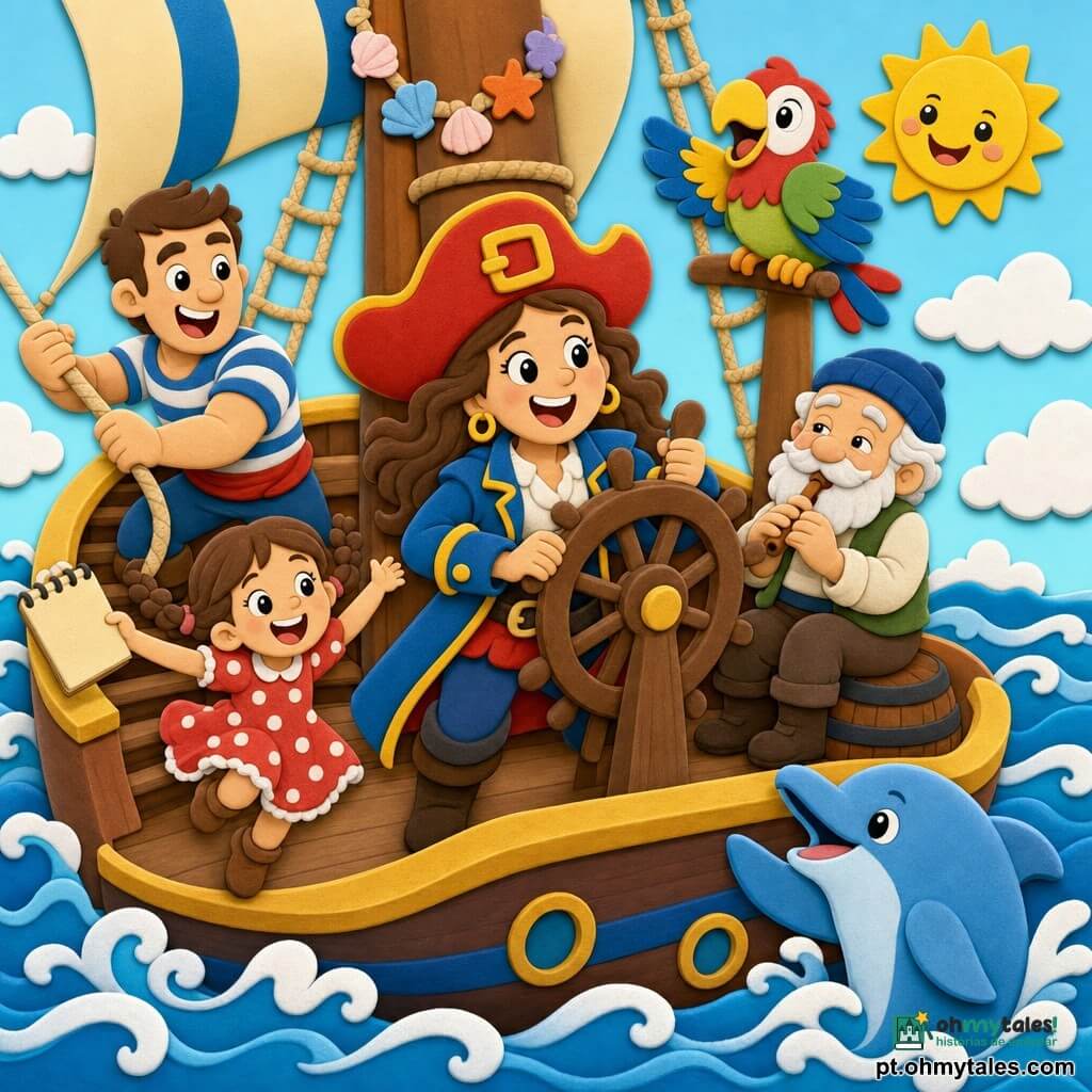 Capitã Nina, mulher adulta de rosto redondo e sorriso largo, olhos brilhantes, chapéu vermelho oversized com grande fivela dourada e roupa de pirata colorida, segura firmemente um grande leme de madeira olhando o horizonte com postura corajosa e alegre; Papagaio Pinto, ave multicolor no mastro à direita, asas semiabertas e bico aberto em expressão vivaz; Marinheiro João, homem ~35 anos, robusto e sorridente, cabelos castanhos curtos, puxa uma corda no convés à esquerda; Lili, menina de ~7 anos com tranças castanhas e vestido de bolinhas, salta de alegria segurando um caderno de desenhos; Tico, idoso de ~70 anos com barba branca curta, toca uma pequena flauta sentado num barril, olhar gentil; um grande golfinho azul-claro nada junto ao lado direito do barco, saudando com a nadadeira; local: convés de madeira com mastro decorado por guirlandas de conchas, ondas estilizadas azuis e brancas e céu claro com sol amarelo sorridente; cena: capitã e tripulação comemoram após uma aventura, barco balança suavemente, todos riem e seguem o golfinho, composição alegre, cores vivas, formas arredondadas e contornos espessos tipo adesivos de espuma.