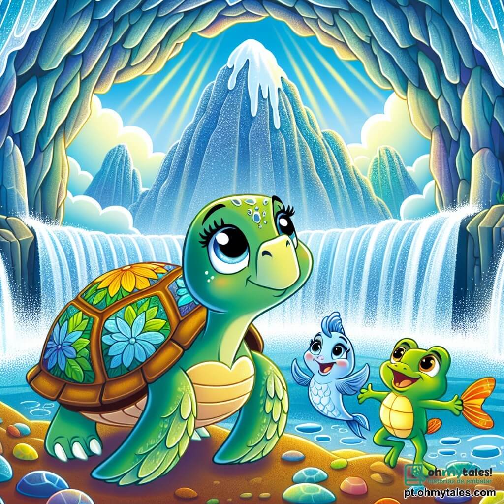 Uma tartaruga chamada Tita, com um bonito capacete verde decorado com padrões em forma de folhas, está no centro da cena, exibindo uma expressão de sabedoria e determinação. Ela está cercada por seus amigos: um peixe colorido chamado Palácio, que nada alegremente ao seu lado, com escamas brilhantes de azul e amarelo, e um sapo chamado Dólar, que salta entusiasticamente, seus olhos redondos e brilhantes traindo sua excitação. Ao fundo, uma magnífica caverna da Montanha Azul se ergue, com paredes rochosas cintilantes e raios de sol penetrando através das nuvens, iluminando a cena. A situação principal mostra Tita e seus amigos se reunindo para se proteger de uma tempestade iminente, unidos na amizade e solidariedade, prontos para enfrentar a aventura juntos.