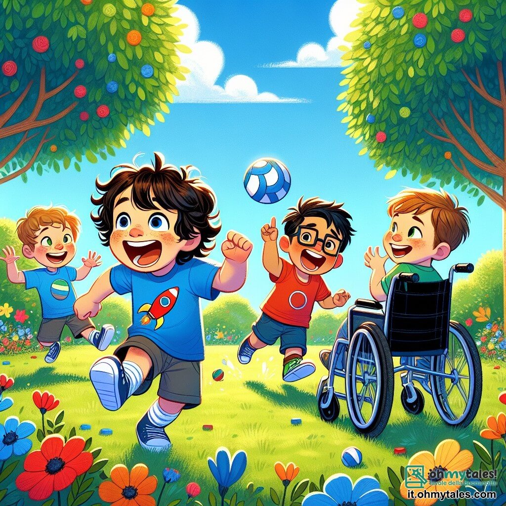 In un parco soleggiato, quattro bambini giocano insieme. Carlo, un ragazzo di sette anni con capelli castani e ricci, indossa una maglietta blu con un grande disegno di razzo e corre sorridendo verso Samuele, che è seduto in sedia a rotelle, ridendo e spingendo il suo seggiolino con entusiasmo. Marco, alto e magro con capelli castani, lancia una palla in aria con un grande sorriso, mentre Luca, con capelli biondi e un'espressione birichina, fa una smorfia per attirare l'attenzione di Samuele. Il parco è ricco di verde, alberi e fiori colorati, sotto un cielo blu con nuvole bianche. I bambini giocano a palla avvelenata, ridendo e incoraggiandosi, mostrando così tolleranza e amicizia.