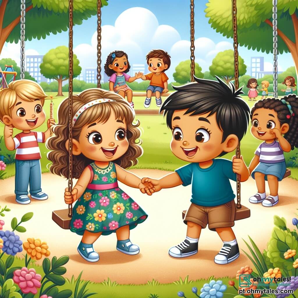 Uma menina de 4 anos, Lúcia, com cabelos cacheados e castanhos, e um grande sorriso alegre, está no centro do parque. Ela usa um vestido colorido com estampas de flores e sandálias. Lúcia estende a mão para um menino, Miguel, que tem cerca de 5 anos, cabelos curtos e pretos, e um rosto sorridente. Ele está sentado em um balanço, vestido com uma camiseta azul e shorts. Ao lado deles, Ana, uma menina de 4 anos com cabelos loiros trançados, e João, um menino de 5 anos com cabelos castanhos, os observam com expressões de incentivo, prontos para se juntar a eles. O parque é cheio de vegetação, com árvores majestosas, flores coloridas e um grande céu azul. Ao fundo, há uma caixa de areia onde outras crianças brincam. A cena mostra Lúcia e Miguel rindo juntos, enquanto as outras crianças os incentivam a brincar, ilustrando o tema da tolerância e da amizade.