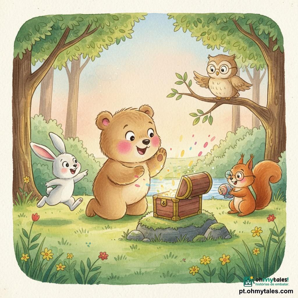 Bubu, um pequeno ursinho redondo e fofo de pelo castanho claro com grandes bochechas cor-de-rosa, ajoelhado junto a uma pedra abrindo uma caixa de tesouro brilhante; Lili, uma coelhinha branca de orelhas rosadas, feliz, apontando a caixa à esquerda de Bubu; Toto, um esquilo ruivo de óculos redondos, agachado à direita segurando uma concha colorida tirada da caixa; Madame Coruja, sábia animadora de penas bege e óculos, empoleirada num galho baixo aplaudindo; cena numa clareira de floresta no verão com relva verde e flores, árvores de troncos texturizados e um riachinho ao fundo ao crepúsculo, luz quente e ambiente festivo e colorido com toques aquarelados e brilhos no tesouro.