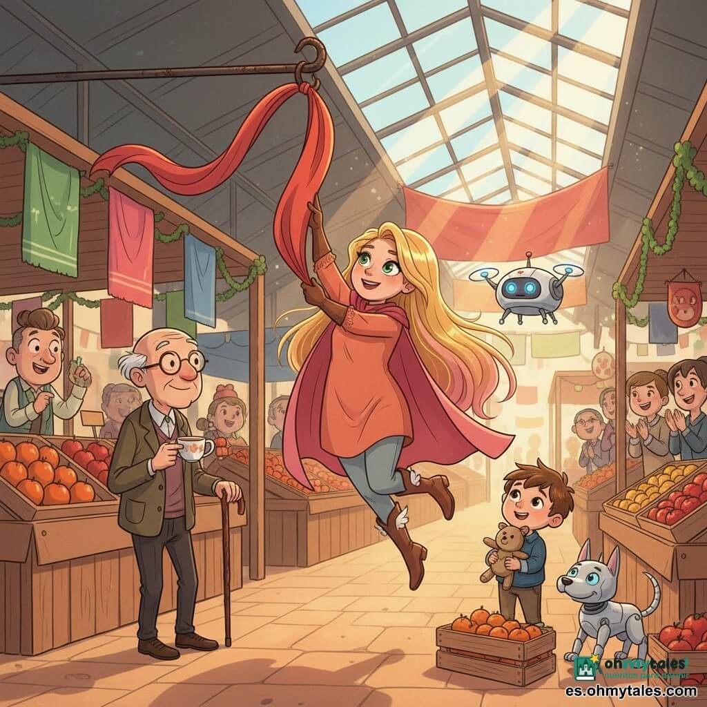 Aurora Trueno, heroína de rostro redondo, sonrisa dulce, pelo largo dorado con reflejos rosas y ojos verde esmeralda, lleva capa naranja-rosada cambiante y botas con alas; salta concentrada y serena para liberar una gran banderola roja atrapada en un gancho oxidado mientras sostiene la tela con guantes; a su izquierda, un anciano de pelo blanco, gafas redondas y bastón, la mira con benevolencia y le ofrece una taza de té; en primer plano a la derecha, un niño de unos 6 años, pequeño y de pelo castaño revuelto, sonríe sujetando una peluche y ayudando a una caja de frutas en el suelo; un dron amigo llamado Pío, metálico y blanco con ojos azules, y un perrito robot plateado ayudan junto a ella; escenario: mercado cubierto colorido con puestos de madera llenos de frutas, telas colgadas, suelo empedrado ocre y luz que atraviesa un techo de cristal; la lona se despliega como una gran bufanda, la gente aplaude en una atmósfera cálida y vibrante; estilo: ilustración vectorial clara, trazos suaves, paleta luminosa y contrastada, proporciones y expresiones amigables y exageradas para niños.