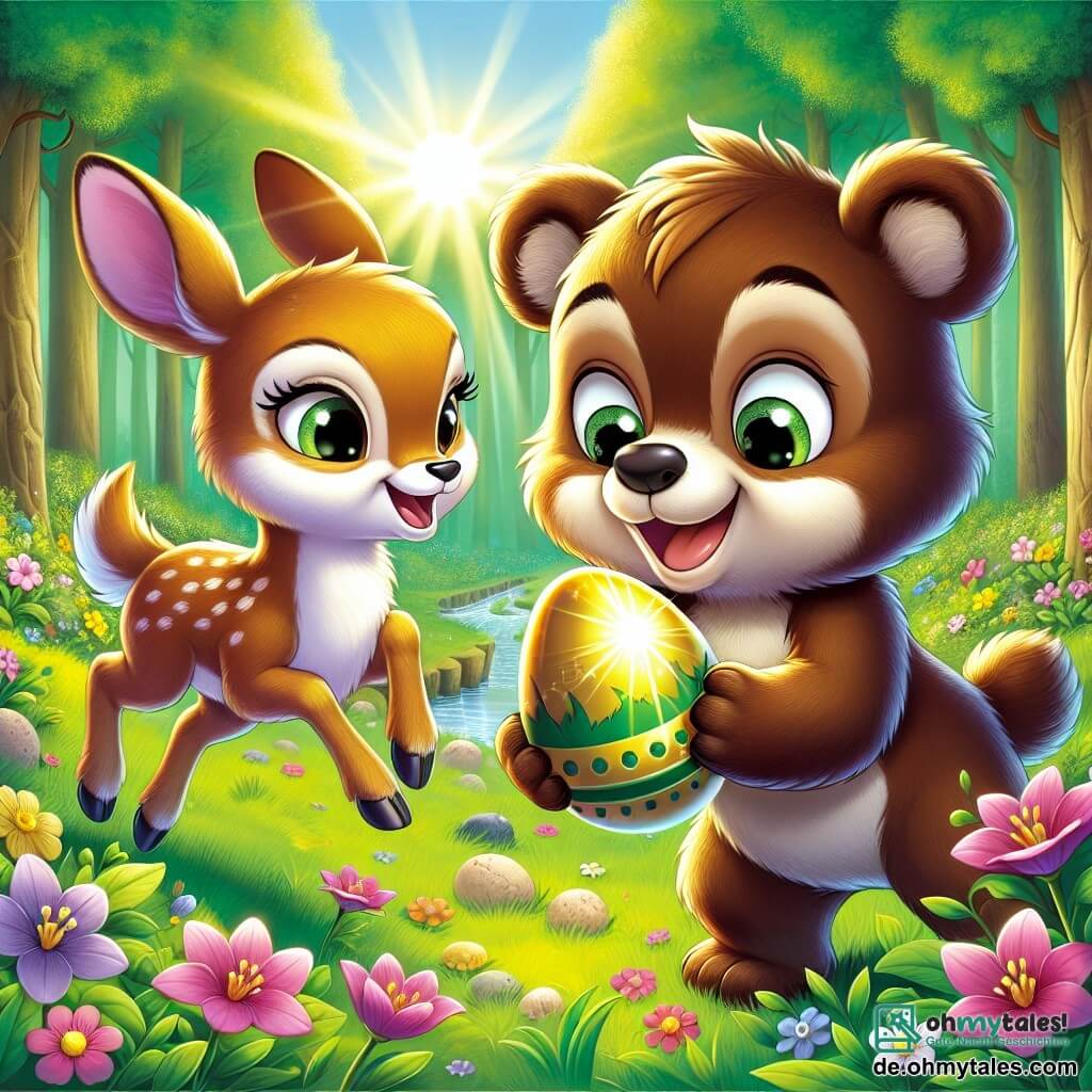 Brummel, ein kleiner brauner Bär mit weichem Fell und neugierigen Augen, steht inmitten einer wunderschönen Frühlingslichtung und lächelt breit. Er hält ein glänzendes goldenes Osterei in seinen Pfoten und ist von seiner Entdeckung begeistert. Neben ihm springt Lilly, ein kleines Reh mit großen sanften Augen und weißen Flecken im Fell, vor Freude auf, ihre Ohren aufgerichtet und ein strahlendes Lächeln auf ihrem Gesicht. Sie schaut bewundernd zu Brummel, voller Aufregung über dieses Abenteuer. Im Hintergrund erstreckt sich ein grüner Wald, mit bunten Blumen, die im Wind tanzen, und Sonnenstrahlen, die durch die Blätter scheinen. Ein glitzernder Bach schlängelt sich durch die Szene und verleiht der Umgebung einen Hauch von Magie. Die Hauptsituation zeigt Brummel und Lilly, die das wertvolle goldene Ei zwischen den Blumen entdecken, umgeben von einer fröhlichen und festlichen Atmosphäre, die den Geist von Ostern und die Freundschaft symbolisiert.