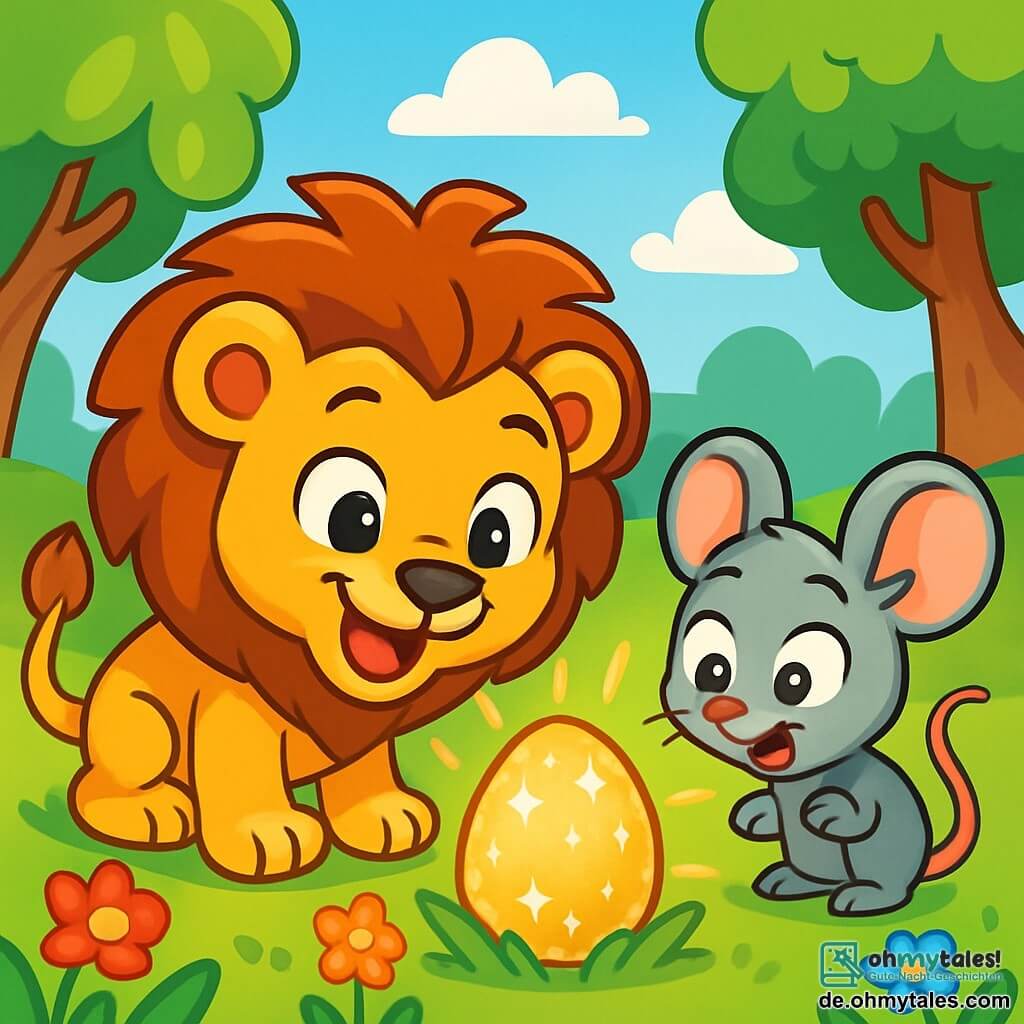 Ein kleiner Löwe mit goldenem Fell, Leo, mit großen neugierigen Augen und einem begeisterten Lächeln, beugt sich über ein glitzerndes Ei, das im grünen Gras liegt. Neben ihm schaut eine kleine graue Maus, Maja, mit großen Ohren und einem schelmischen Gesichtsausdruck, das Ei mit weit aufgerissenen Augen an, voller Aufregung. Der Park ist voller bunter Blumen, großer Bäume mit glänzenden Blättern und einem hellblauen Himmel, der mit flauschigen weißen Wolken übersät ist. Im Zentrum dieser Szene entdecken Leo und Maja das geheimnisvolle Ei, das in tausend Farben leuchtet, umgeben von einer Aura des Geheimnisses und Abenteuers.