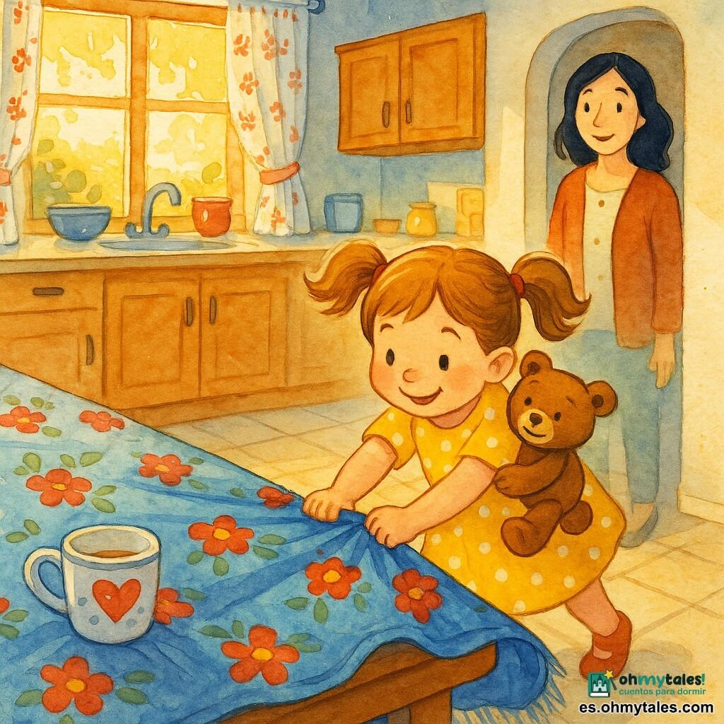 Niña de 4 años, alegre y concentrada, cabello castaño claro en coletas, vestido amarillo de lunares blancos, tirando suavemente de un gran mantel azul con flores rojas y verdes sobre una mesa de madera; un pequeño osito de peluche marrón (Tito), sonriente, sobre el brazo de la niña como si ayudara; la madre (30–35 años), de rostro dulce y cabello negro suelto, de pie junto a la puerta de la cocina observando con sorpresa y ternura; cocina luminosa y cálida con suelo de baldosas claras, cortinas blancas florales, vajilla colorida y una luz matinal dorada entrando por la ventana; escena lúdica y tierna, el mantel se desliza y se arruga, la taza favorita de la madre en el borde, trazos de tinta coloreada y texturas visibles de tela y madera.