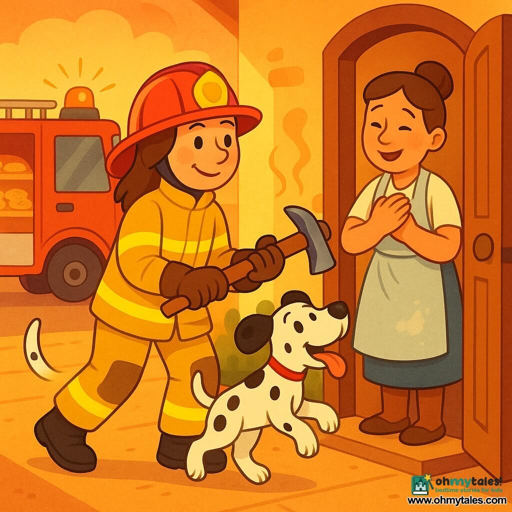 A female firefighter with a determined, smiling face wears a shiny red helmet, creased reflective yellow jacket, black boots and gloves, holding a tool as she gently opens the slightly ajar bakery door to rescue warm cookies; a joyful, spotted Dalmatian jumps by her boots, the relieved baker in her forties with a flour-dusted apron waits and thanks her by the display of golden cookies, a red fire truck with ladder and flashing amber light is parked in the background, warm late-afternoon light, rounded lines and simple textures, centered composition.