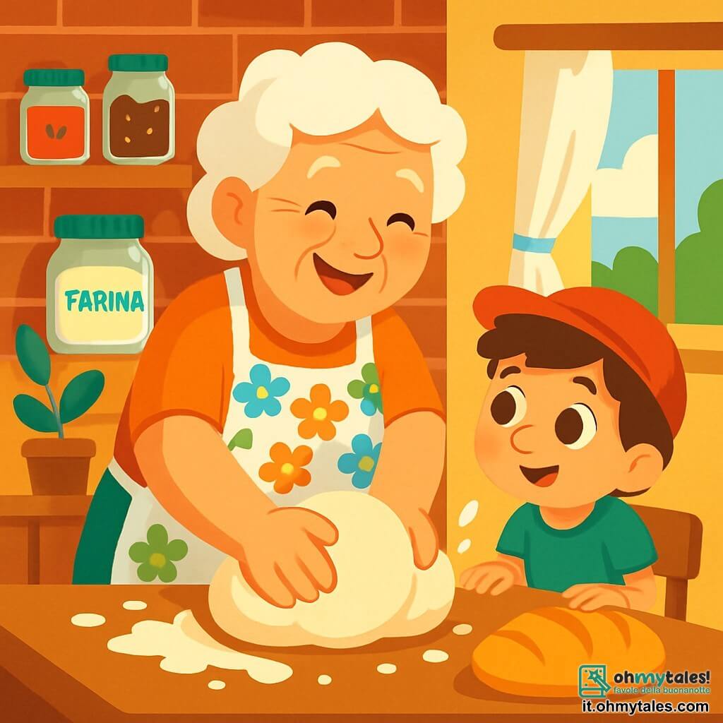 Una dolce nonna, di nome Rosa, si trova al centro della scena, con i capelli bianchi come la farina e un sorriso caloroso. Indossa un grembiule a fiori colorati e sta impastando una palla di pasta con mani rugose ma piene di vita, mostrando un'espressione di gioia e passione. Accanto a lei, un giovane ragazzo di 7 anni, di nome Luca, con occhi marroni scintillanti e un piccolo cappello rosso, osserva con meraviglia. È in piedi su una piccola sedia per vedere meglio, con le mani appoggiate sul tavolo, pronto ad imparare. La scena si svolge in una cucina soleggiata, con muri in mattoni rossi e mensole piene di barattoli di farina e spezie. Una finestra aperta lascia entrare la luce dorata del sole e una leggera brezza che fa danzare le tende bianche. La situazione principale mostra Nonna Rosa e Luca intenti a preparare il pane insieme, circondati da farina che vola nell'aria, mentre il dolce profumo del pane appena sfornato riempie la stanza.
