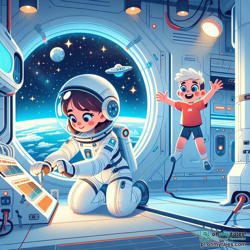 Kasia, młoda astronautka z brązowymi włosami i błyszczącymi oczami, naprawia panel słoneczny na stacji kosmicznej. Ma na sobie białą kombinezon z niebieskimi akcentami, a jej twarz wyraża koncentrację i radość z wykonywanej misji. W pobliżu Krzyś, 8-letni chłopiec z blond włosami i oczami pełnymi zachwytu, z fascynacją obserwuje przez okno. Ma na sobie czerwoną koszulkę i szorty, entuzjastycznie gestykulując, by zachęcić Kasię. Scena rozgrywa się w futurystycznej stacji kosmicznej z metalowymi, srebrnymi ścianami, migającymi światłami i dużymi oknami, które oferują spektakularny widok na gwiaździste niebo i Ziemię w tle. Kasia intensywnie pracuje, używając narzędzi do naprawy panelu, podczas gdy Krzyś z szerokim uśmiechem podziwia migoczące gwiazdy i wyobraża sobie, że sam zostanie astronautą.