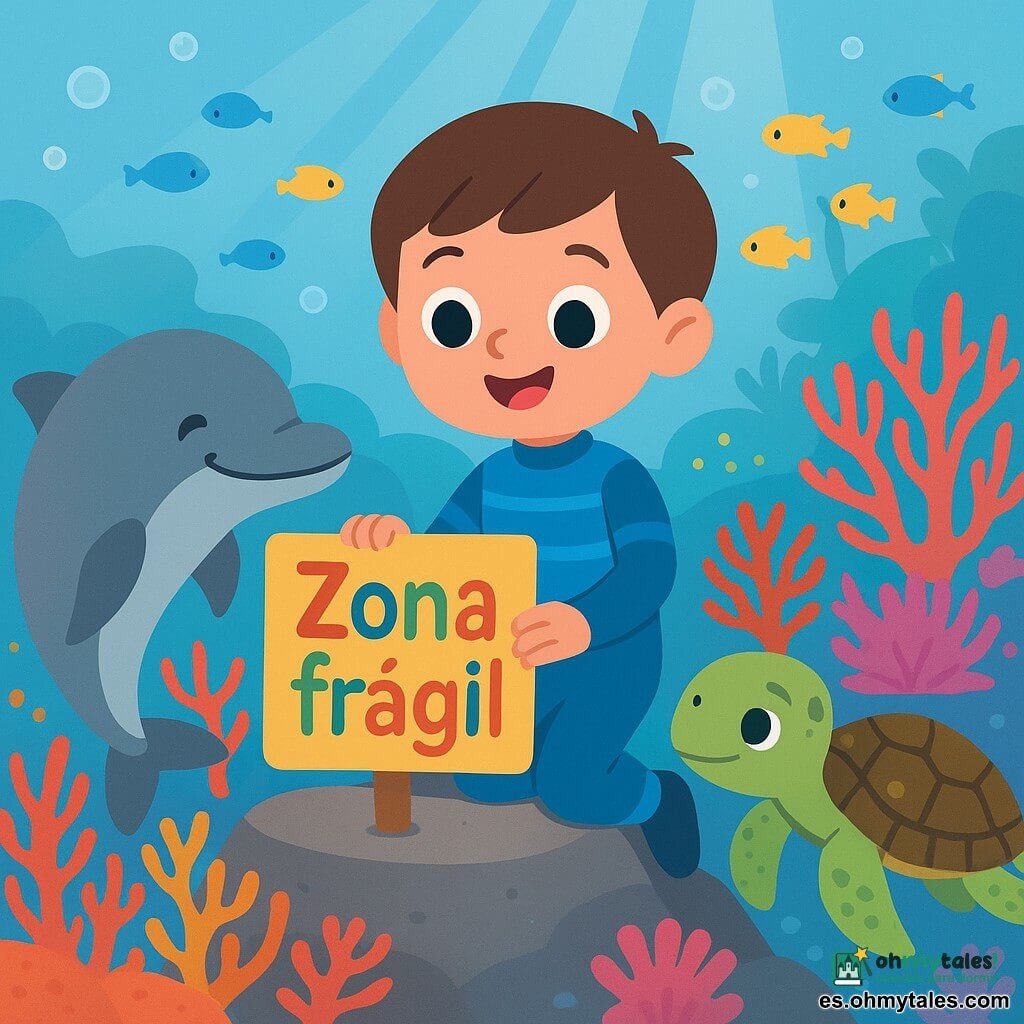 Un niño de 6 años, rostro redondo, cabello corto castaño, sonrisa asombrada y ojos grandes, con un traje de buceo azul a rayas claras, coloca sobre una roca un pequeño cartel colorido que dice Zona frágil; a su izquierda nada un delfín gris de aspecto amistoso con la cabeza inclinada como alentándole y a su derecha, detrás de él, una tortuga marina de caparazón verde y marrón con patrones tranquilos; al fondo un arrecife coralino vivo con corales rojos, naranjas y violetas, anémonas rosa, bancos de peces amarillos y azules y burbujas, luz filtrada en rayos que crea una escena submarina alegre, protectora, colorida y en movimiento.