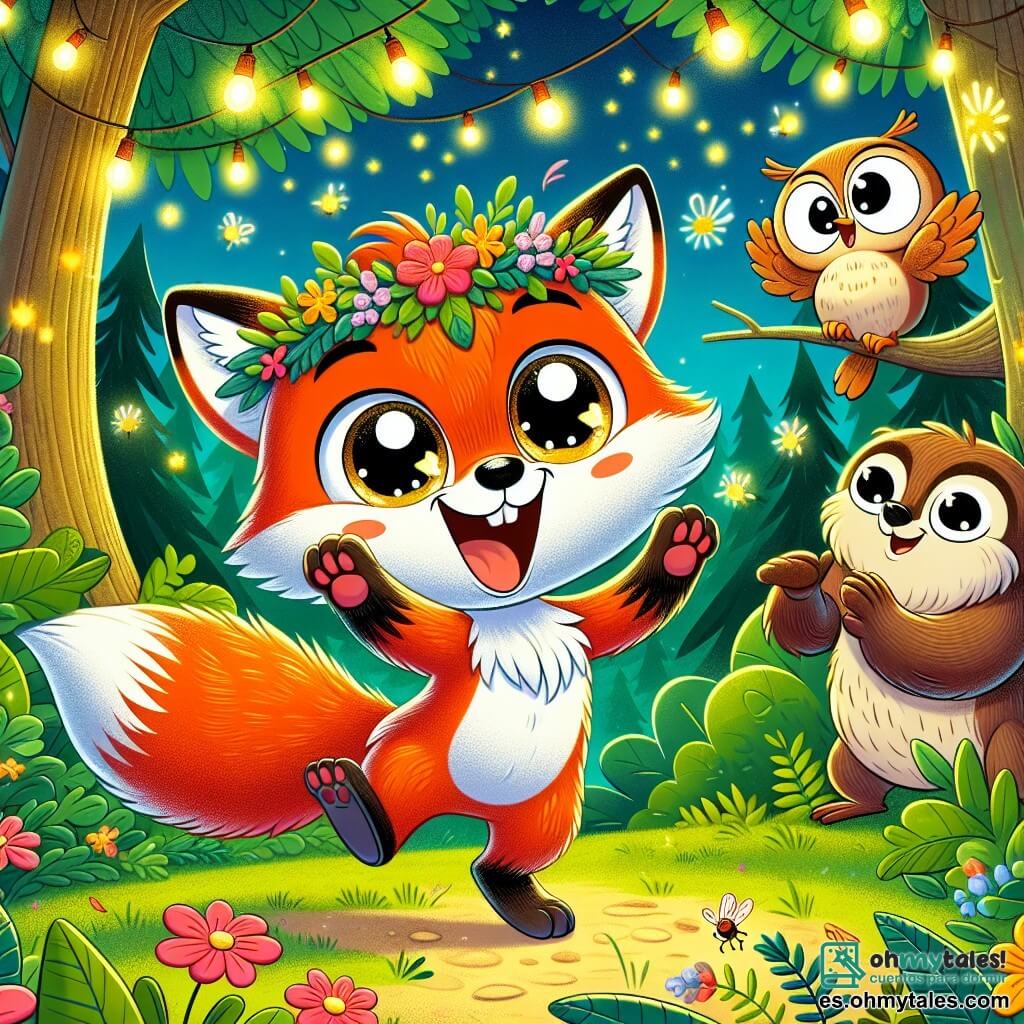 Un pequeño zorro de pelaje rojizo y brillante, con grandes ojos chispeantes de alegría, danza en el centro de un claro del bosque iluminado por luciérnagas centelleantes. Lleva una guirnalda de flores coloridas alrededor del cuello y sonríe con entusiasmo, con las patas levantadas en un movimiento alegre. A su derecha, una lechuza sabia de plumas suaves y plateadas, posada en una rama baja, observa con una mirada benevolente, sus ojos redondos brillando de inteligencia y orgullo. A la izquierda, un castor robusto con pelaje marrón y dientes prominentes aplaude con entusiasmo, su rostro radiante de emoción y felicidad. El lugar es un claro verde, rodeado de árboles majestuosos con hojas doradas, donde guirnaldas de flores coloridas flotan en el suave aire de la tarde. Estrellas brillantes aparecen en el cielo, mientras luciérnagas bailan alrededor de los personajes, creando una atmósfera mágica y festiva. La escena muestra al zorro Félix, rodeado de sus amigos, celebrando alegremente el Día de San Valentín con risas, música y destellos de luz, encarnando el espíritu de la amistad y la alegría compartida.