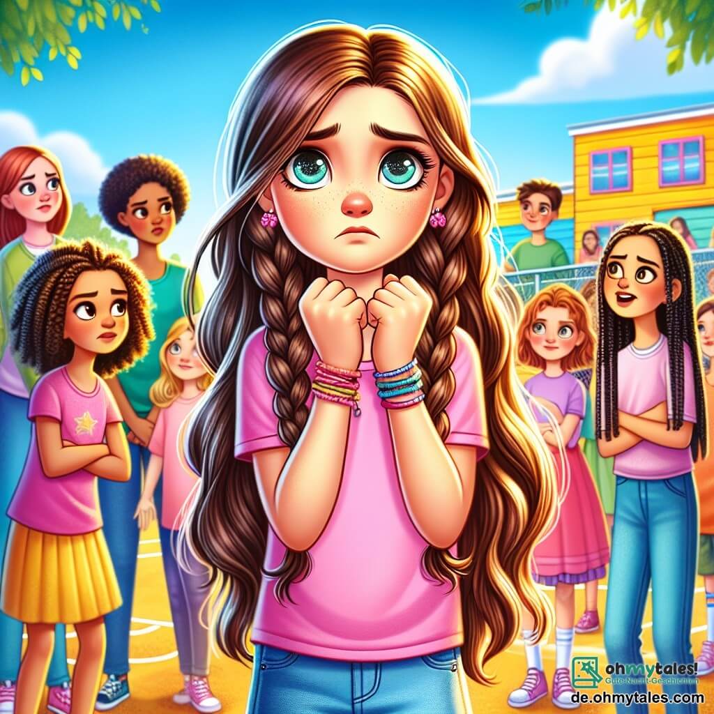 Ein 10-jähriges Mädchen, Leni, mit langen braunen Haaren und funkelnden Augen steht im Mittelpunkt des Bildes, mit einem Ausdruck von Traurigkeit und Entschlossenheit. Sie trägt ein pinkes T-Shirt und eine blaue Jeans, ihre Hände sind zu Fäusten geballt, was ihren Willen zeigt, sich auszudrücken. An ihrer rechten Seite ermutigt ihre beste Freundin Mia, ebenfalls 10 Jahre alt, mit geflochtenen blonden Haaren und einem aufmunternden Lächeln, sie mit einem vielsagenden Blick. Im Hintergrund beobachtet eine Gruppe von etwa 10-jährigen Mädchen, einige mit lockigen und andere mit glatten Haaren, in bunten Kleidern, mit überraschten und interessierten Gesichtsausdrücken. Die Szenerie spielt in einem sonnigen Schulhof, umgeben von hell bemalten Wänden und Kinderspielgeräten, mit grünen Bäumen im Hintergrund. Die Hauptsituation zeigt Leni, die mutig vor ihren Klassenkameraden spricht, die zögerlich wirken, was eine Atmosphäre von Spannung, aber auch von Hoffnung schafft.