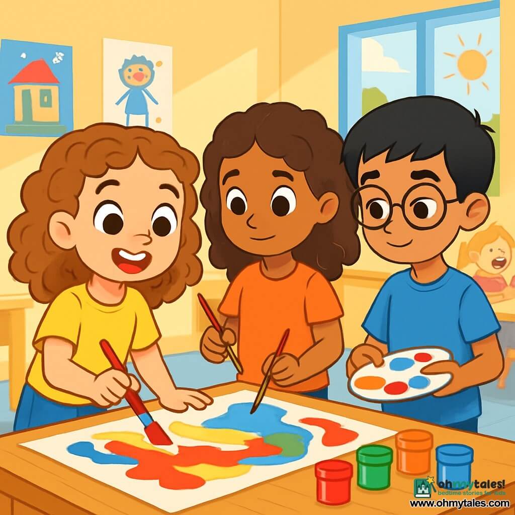 An 8-year-old girl named Lily, with bright eyes and curly brown hair, enthusiastically smiles as she paints with vibrant colors on a large sheet of paper. She wears a yellow t-shirt and denim shorts, her face expressing joy and curiosity. Next to her, Mia, also 8, with curly brown hair, attentively observes Lily's painting, holding a brush. Jamal, an 8-year-old boy with straight black hair, stands slightly back, wearing glasses and a blue t-shirt, mixing colors on his palette with a focused expression. The scene takes place in a bright classroom, with walls decorated with children's drawings, sunlight streaming through the windows, and wooden tables where other children are happily working. The main situation shows the children collaborating to create art together, sharing ideas and laughter, highlighting the importance of friendship and cooperation despite their differences.