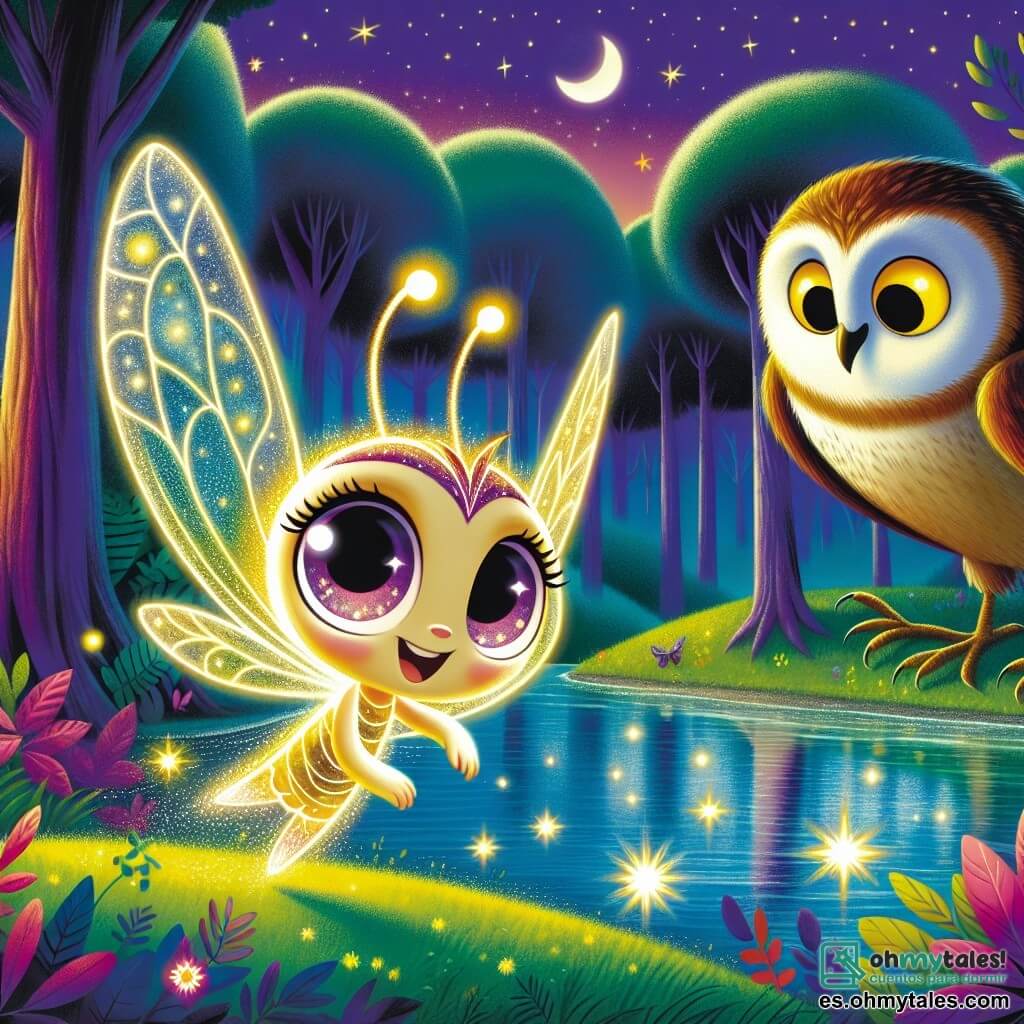 Una pequeña luciérnaga llamada Lila, con un cuerpo delicado y translúcido, brilla con una luz dorada; sus grandes y curiosos ojos expresan emoción, valentía y asombro. Vuela alegremente sobre un lago brillante, rodeada de reflejos estrellados. A su lado, un sabio búho llamado Don Sabio, con grandes plumas marrones y ojos redondos y dorados, observa con una sonrisa benevolente, transmitiendo una sensación de serenidad y protección. El escenario es un bosque mágico, donde los árboles son altos y majestuosos, sus hojas brillan bajo la luz de la luna y el cielo está salpicado de estrellas centelleantes. La situación principal muestra a Lila y Don Sabio explorando la noche juntos, iluminando el camino con la suave luz de Lila, mientras descubren la belleza oculta de la oscuridad.
