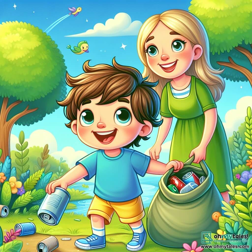 A 2-year-old boy with messy brown hair and a big joyful smile is picking up a can from the ground. He wears a bright blue t-shirt and yellow shorts, and his eyes shine with excitement. Next to him, his mother, a woman around 30 with long blonde hair, smiles proudly while encouraging him. She wears a green dress and holds a tote bag for collecting trash. The scene takes place in a lush forest with tall trees and vibrant leaves, a clear blue sky dotted with fluffy white clouds, and a sparkling pond nearby where a few fish can be seen swimming happily. The boy and his mother are cleaning the forest, turning playtime into a beautiful action for nature.