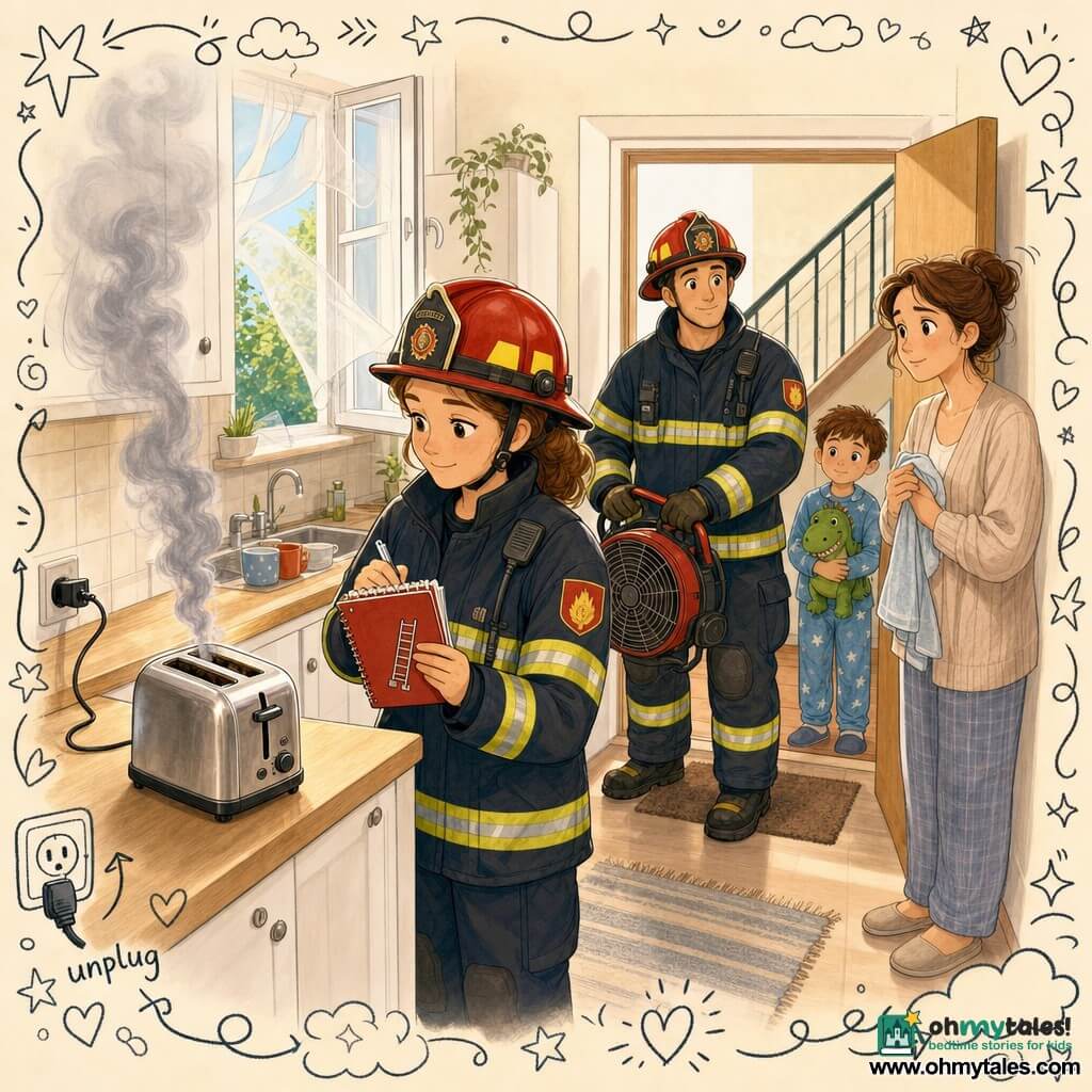 The protagonist is a female firefighter, calm and focused with a slight smile, hair pulled back, red helmet fastened, wearing a protective jacket with reflective stripes; she holds a small red notebook with a ladder sticker and writes a note while looking at a smoking toaster on the countertop. A male firefighter colleague stands near the kitchen door holding a small portable fan, attentive and ready to help. The resident, a woman, looks worried but relieved, holding a towel in the apartment entrance by the stairs. A boy of about six clutches a green dinosaur plush, in pajama bottoms, standing slightly back in the hallway and watching curiously. The small bright kitchen has a light wood countertop with crumbs, an open window letting in fresh air, light smoke spiraling toward the ceiling, white cabinets and cups by the sink. The scene shows a calm intervention: the firefighter inspects and notes the smoking toaster while the team ventilates the room, creating a reassuring atmosphere with warm colors and childlike details (doodled stars, small arrows labeled “unplug,” and a battery icon on the notebook).