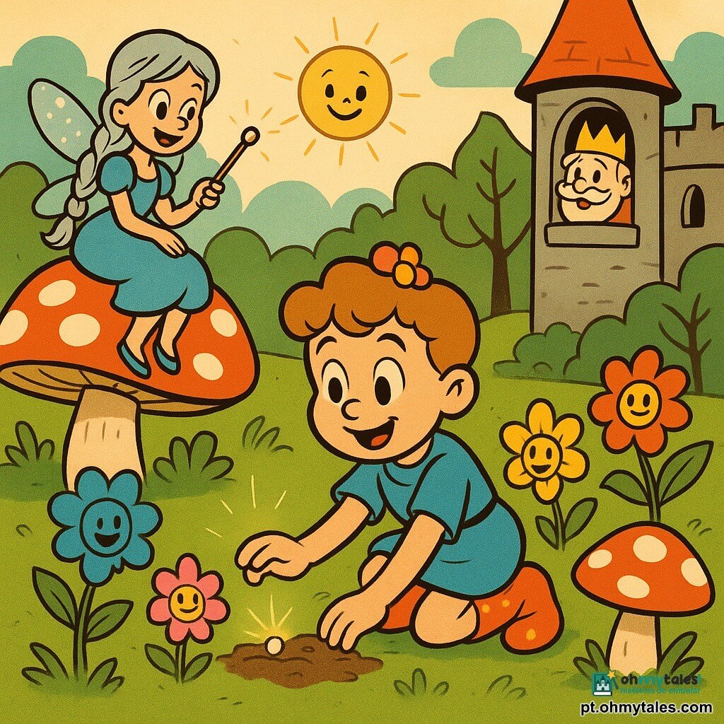 Principe menino sorridente e maravilhado, cabelo castanho-claro encaracolado, veste curta azul e botas vermelhas com bolinhas amarelas, ajoelhado plantando uma pequena semente brilhante; fada Aurora jovem à esquerda, cabelos prateados em trança, asas finas e cintilantes, sobre um cogumulo gigante acenando com uma varinha brilhante; rei idoso à direita, bigode branco e coroa torta, olhando e rindo pela janela do castelo ao fundo; flores mágicas coloridas ao redor do príncipe, algumas com olhos ou perninhas, dançando; jardim do castelo gráfico com relva tipo tapete verde, árvores com troncos curvos e rostos, cogumelos vermelhos com bolinhas brancas, caminho pavimentado e céu pastel com sol sorridente; composição centrada no príncipe, plano médio, cores saturadas, contornos pretos grossos, texturas lisas e brilhantes, iluminação suave e atmosfera alegre e infantil.