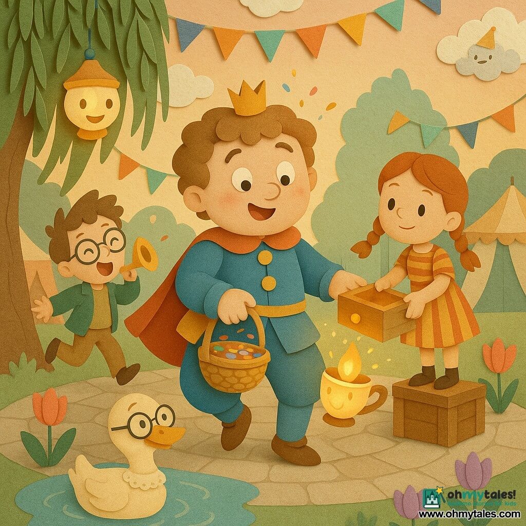 Prince Pippin, a smiling, slightly surprised chubby boy with light brown curly hair and a small tilted crown, wears a blue-and-yellow velvet costume with round buttons, holds a confetti basket and awkwardly steps while opening a wooden drawer; to his right an 8-year-old red‑braided girl in a striped dress stands on a crate handing the glossy drawer, to his left a laughing 9-year-old bespectacled boy in a green jacket jumps back holding a honking trumpet; a bespectacled duck with a small doily cape swims in a shiny puddle in the foreground, a teacup-shaped lantern floats nearby emitting warm light and golden sparks, the festival square is paved with round stones, paper garlands hang above, tutu-wearing tulips dance, clouds wear tiny hats in a pastel sky and a weeping willow droops like a curtain, confetti and scented packets of laughter drift up around the prince, joyful mood, bright colors and cut-paper textures with sharp shadows and clear outlines.