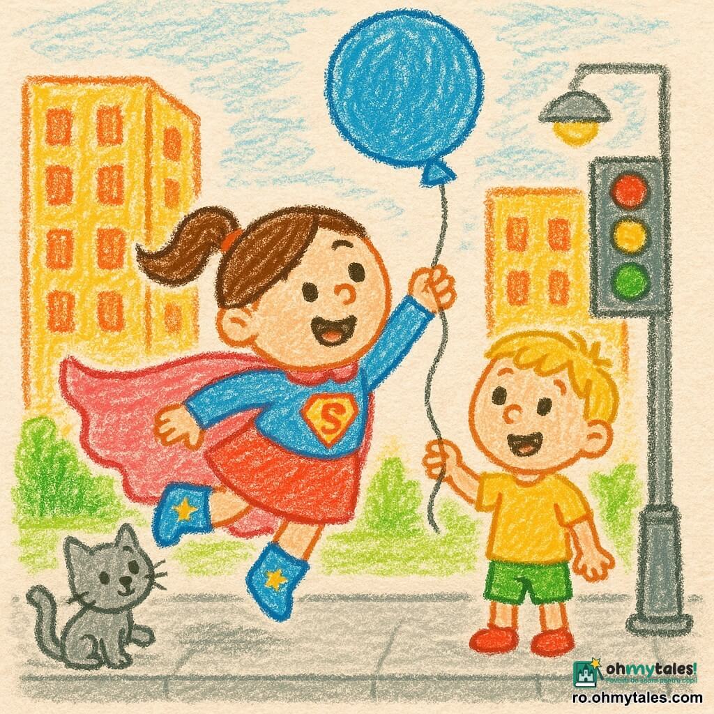 Personajul principal e o femeie, Super-Zara, veselă și hotărâtă, păr castaniu prins în coadă, pelerină roz plutind, întinde mâna spre sfoara unui balon mare albastru; un băiat de circa 5 ani, surprins și zâmbitor, îl ține, stând la dreapta ei; o pisicuță gri cu ochi rotunzi atinge pelerina la baza unui stâlp de iluminat; locul e o stradă urbană colorată cu blocuri galbene și portocalii, trotuar gri și semafor vizibil; scena arată Super-Zara plutind spre balonul care se ridică, atmosferă comică și tandră, stil desen simplu și culori vii.