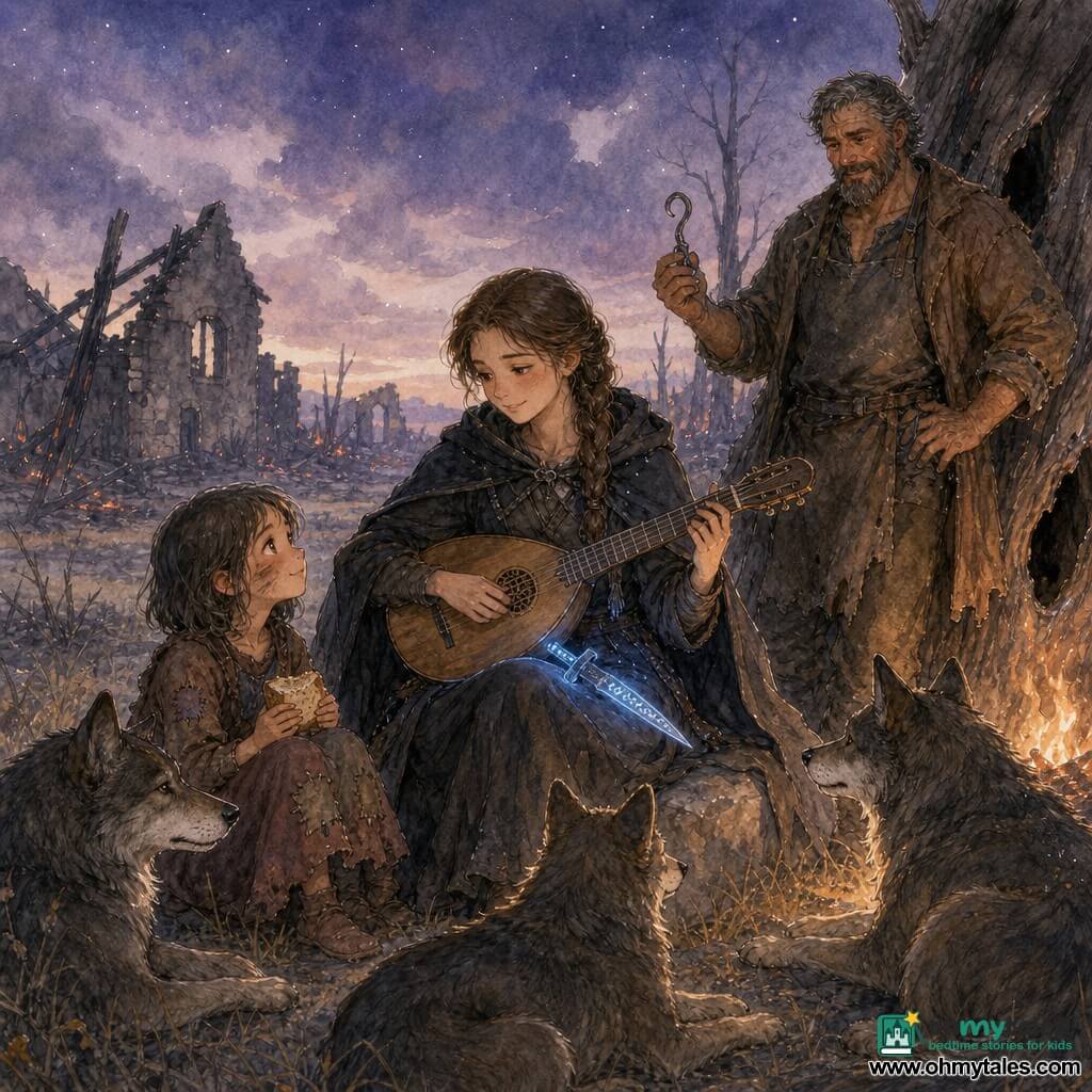 Lyra, a young woman of about 18–20 with a delicate face and braided brown hair, sits on a stone playing a small wooden lute, wearing a worn charcoal cloak and a rune-engraved dagger on her belt that emits a soft bluish glow; beside her an eight-year-old village girl with short soot-streaked hair and a patched earth-colored dress sits holding a piece of bread, watching Lyra with wonder and trust; a burly forty-year-old blacksmith with a salt-and-pepper beard and a torn coat stands a little back by a hollow tree trunk, grateful, holding a small iron hook he gave Lyra; three thin gray-brown wolves lie attentively in the grass at a respectful distance, framing the scene without threat; the setting is a charred plain with low wet yellow grass, ruined gray stone houses and scorched beams in the background, a lavender-blue-gray cloudy sky with faint stars appearing; the mood is gentle and comforting after a storm—Lyra’s music soothes the place, the group shares bread and warmth, the rune dagger on her lap casts a protective glow, composition centered on the two humans with warm light from an off-frame fire to the right and soft watercolor textures with white highlights on faces, the lute and the dagger.