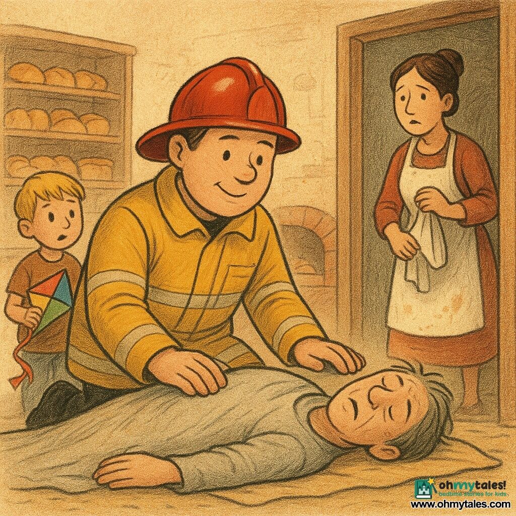 A calm smiling firefighter in a shiny red helmet and yellow reflective jacket kneels beside a pale, gray-haired man (Mr. Moth) lying on a bakery floor, gently resting a hand on his shoulder as he checks his breathing; the baker (Mrs. Poppy), hair in a bun and flour-stained white apron, stands in the doorway holding a tea towel and looking worried; a blond boy (Ben, about 7) with a small colorful kite watches near the entrance; the warm bakery has cream walls, wooden shelves of golden breads and pastries, flour dust in the air and a large red-brick oven, the scene bathed in golden light and compassion.