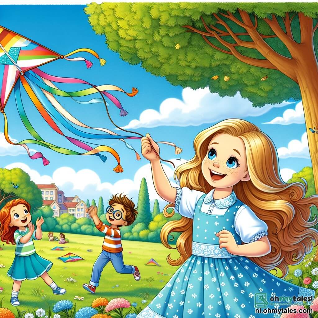 In een zonnig park staat een zevenjarig meisje, Lotte, met lange blonde haren in een paardenstaart en een blauwe jurk met witte stippen. Ze glimlacht terwijl ze een grote, kleurrijke vlieger vasthoudt. Naast haar lacht haar vriend Sam, een achtjarige jongen met krullend bruin haar en scheve bril, terwijl hij de draad van de vlieger vasthoudt. Iets verderop juicht Noor, een zevenjarig meisje met lange rode haren en sproeten, blij terwijl ze naar de vlieger kijkt die de blauwe lucht in stijgt. Het park is groen met majestueuze bomen en kleurrijke bloemen die dansen in de wind. Kinderen spelen op het groene gras onder een grote blauwe lucht met enkele pluizige witte wolken. De hoofdscène toont Lotte, omringd door haar vrienden, die plezier heeft met het vliegeren, wat vreugde en hoop symboliseert ondanks veranderingen in haar leven. De lachende en glimlachende kinderen illustreren het belang van vriendschap en steun in moeilijke tijden.