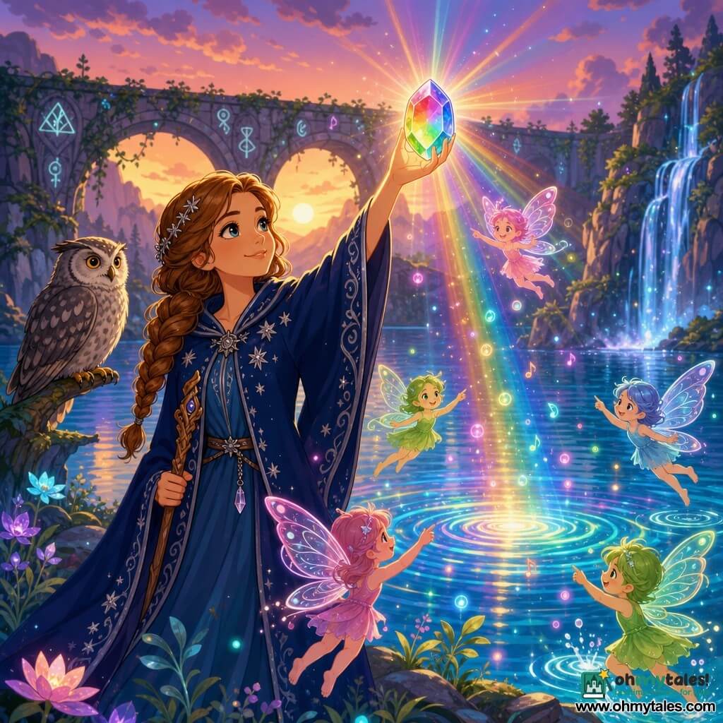 Elara, a female mage with a gentle, determined face and slight smile, bright relieved eyes and light chestnut braided hair, wears a midnight-blue coat embroidered with silver stars and holds a carved wooden wand in her right hand and a large glowing rainbow jewel raised in her left; translucent, colorful sprite-fairies with childlike forms and diaphanous pink-and-green wings whirl around her above the water pointing at the jewel, while a wise gray-speckled owl with golden eyes perches on a low branch to her right; at the shore of Crystal Lake at sunset the mirror-blue turquoise water reflects the jewel with silver concentric ripples, glowing flowers on the bank, a sparkling waterfall in the background and an ivy-covered runic stone bridge on the horizon as the jewel sends colored beams across the lake, lighting the surface in iridescent rings and lifting luminous particles into a magical, soothing, heroic atmosphere.