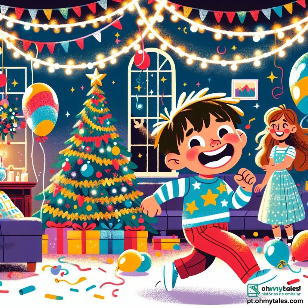 Um garotinho de 4 anos, Miguel, com cabelos castanhos bagunçados e um grande sorriso, veste uma camiseta azul com estrelas e um short vermelho. Ele dança alegremente no meio da sala, cercado por balões coloridos e serpentinas flutuando no ar, expressando imensa alegria. Ao seu lado, sua mãe, uma mulher sorridente de cerca de 30 anos, com cabelos longos e castanhos, decora o ambiente com guirlandas brilhantes. Ela usa um vestido festivo e parece muito feliz em compartilhar esse momento com o filho. Em um canto, seu pai, um homem de cerca de 35 anos, com uma barba leve e uma camisa xadrez, prepara petiscos em uma mesa cheia de delícias, observando a família com orgulho. O local é uma sala de estar acolhedora, decorada com luzes brilhantes, com uma grande árvore de Natal em um canto e balões pendurados no teto, criando uma atmosfera festiva e alegre. A cena principal mostra Miguel e seus amigos dançando e rindo juntos, celebrando o Ano Novo com chapéus coloridos e serpentinas, prontos para a contagem regressiva para a meia-noite.