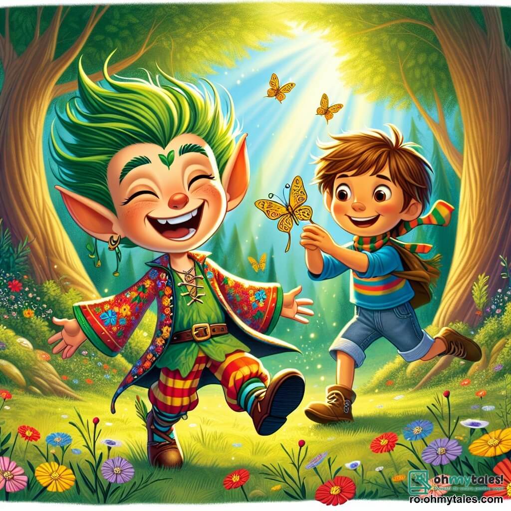 Un spiriduș vesel, pe nume Zâmbăreț, cu părul verde strălucitor și o barbă mică roșie, poartă o tunică colorată împodobită cu motive florale. Zâmbește larg, cu ochii strălucind de entuziasm, sărind într-o poiană însorită. Lângă el, un băiat de zece ani, Andrei, cu părul castaniu și ochi curioși, poartă un tricou albastru și o pereche de pantaloni scurți din jean. Ține în mâini un fluture auriu, cu un aer uimit pe față. Scena are loc într-o poiană magică, înconjurată de copaci mari cu trunchiuri groase, iar frunzele verzi strălucitoare dansează în vânt. Flori multicolore acoperă solul, iar un rază blândă de soare luminează poiana, creând o atmosferă caldă și primitoare. Zâmbăreț și Andrei sărbătoresc succesul misiunii lor, râzând împreună după ce au găsit fluturele auriu, simbolizând prietenia și magia Pădurii Fermecate.