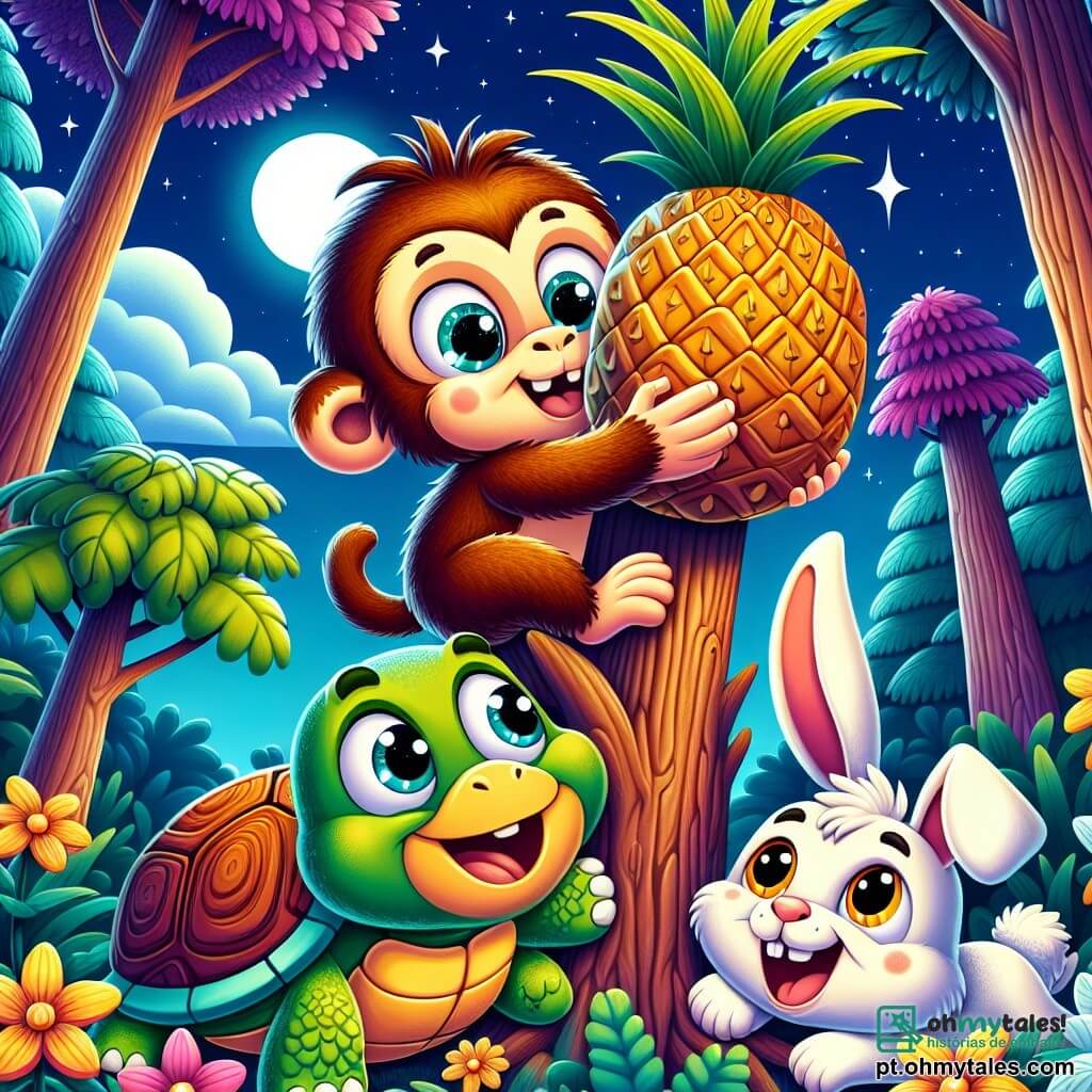 Um macaco travesso chamado Pingo, com pelagem marrom e olhos brilhantes de malícia, está empoleirado no topo de uma grande árvore, segurando um abacaxi acima da cabeça com um grande sorriso, mostrando sua empolgação. Ao seu lado, uma tartaruga chamada Tita, com uma carapaça colorida e um olhar curioso, o observa, enquanto um coelho branco travesso chamado Rápido, com grandes orelhas e uma expressão divertida, salta no chão abaixo, pronto para ajudar. A cena acontece em uma floresta mágica, onde as árvores são altas e coloridas, suas folhas brilhando sob a luz da lua, e flores luminosas cercam os personagens. Pingo tenta pegar o abacaxi para preparar uma limonada, enquanto seus amigos o incentivam com risadas e sorrisos, criando uma atmosfera alegre e cheia de aventuras.