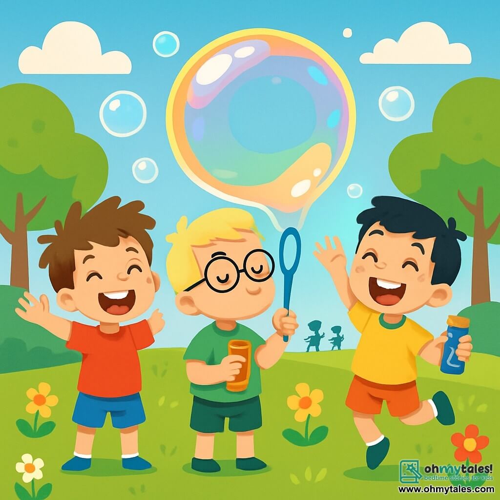 There are three characters: Timmy, a 5-year-old boy with messy brown hair, wearing a red t-shirt and blue shorts, standing on the left with his arms raised in excitement; Benny, a 5-year-old boy with blonde hair and round glasses, dressed in a green t-shirt and shorts, in the center blowing into a large bubble wand with a focused expression; and Sammy, a 5-year-old boy with black hair and freckles, wearing a yellow t-shirt and orange shorts, on the right jumping for joy with a big smile, holding a bottle of bubble solution. The setting is a sunny park in Giggleville, filled with colorful flowers, large green trees, and well-kept grass. In the distance, children are playing and laughing under a bright blue sky dotted with fluffy white clouds. The main scene shows the three friends blowing giant bubbles that float in the air, creating a huge colorful bubble that shines in the sunlight, reflecting rainbow colors all around them.