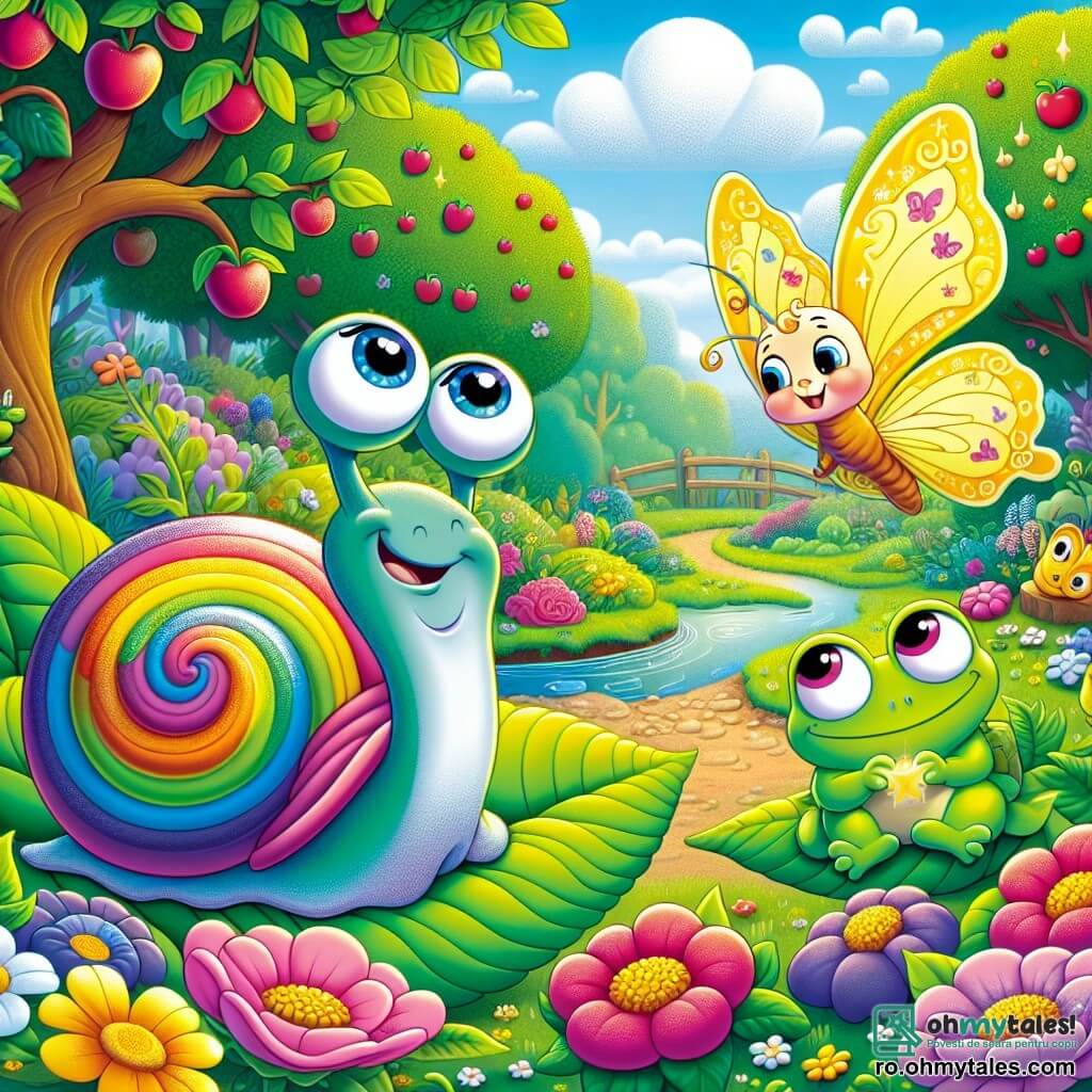 Un melc numit Sclipici, cu o carapace colorată în curcubeu și ochi strălucitori de curiozitate, stă pe o frunză mare de trandafir, având un aer hotărât și vesel. Lângă el, un fluture galben numit Zâna, cu aripi delicate decorate cu motive florale, zboară în jurul lui Sclipici, afișând un zâmbet de speranță. În fundal, un brotac înțelept, așezat pe o piatră, îi observă cu ochi mari și o expresie gânditoare, pregătit să le ofere sfaturi. Scena se desfășoară într-o grădină fermecată, plină de flori strălucitoare, meri înfloriți și un pârâu sclipitor care șerpuiește prin peisaj. Sclipici și Zâna se pregătesc să plece în căutarea unei pietre strălucitoare dispărute, simbolizând aventura și prietenia, în timp ce brotacul le oferă cuvinte de înțelepciune.