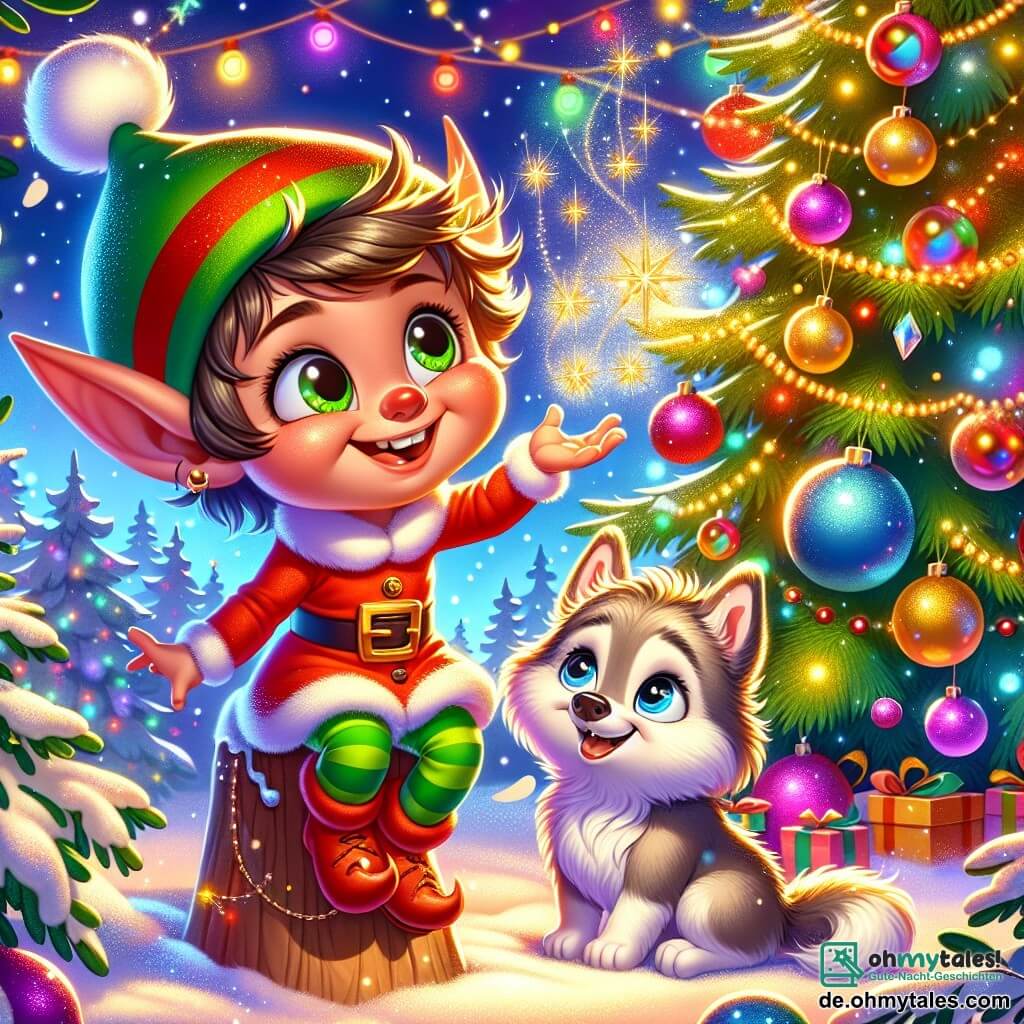 Ein kleiner schelmischer Kobold mit spitzen Ohren und einem breiten schelmischen Lächeln trägt eine leuchtend rote Tunika und eine kleine grüne Mütze. Er sitzt auf einem Ast eines Weihnachtsbaums, umgeben von funkelnden Girlanden und bunten Kugeln, und jongliert mit goldenen Sternen, sein Gesicht strahlt Freude und Schalkhaftigkeit aus. Zu seinen Füßen sitzt ein junger Wolf namens Wolli mit weichem, seidigem Fell und funkelnden Augen voller Staunen, der den Kobold mit einer Mischung aus Vergnügen und Überraschung ansieht. Er sitzt auf einem glitzernden Schneeteppich, die Vorderpfoten übereinandergelegt, bereit zu lachen. Die Szenerie ist ein bezaubernder Wintergarten, gefüllt mit sanft fallenden Schneeflocken, bunten Lichtern, die den majestätischen Baum erleuchten, und tanzenden Schatten, die der strahlenden Mondschein im sternenklaren Himmel wirft. Die Szene zeigt den Kobold, der eine magische Überraschung für Wolli vorbereitet, mit Lachen und Lichtblitzen, die den fröhlichen und schelmischen Geist von Weihnachten einfangen.