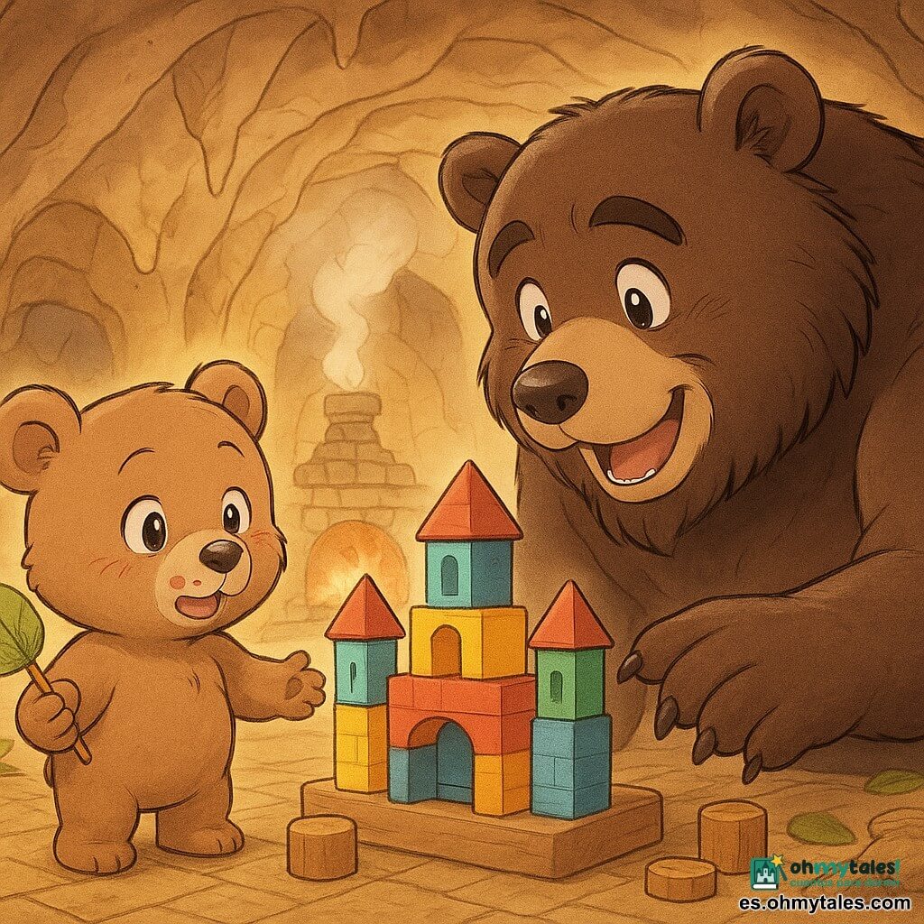 Berto, un pequeño oso de pelaje marrón claro, nervioso pero orgulloso, sostiene una pequeña bandera de hoja de frambuesa y muestra un castillo hecho de cubos de colores; está a la izquierda con las patitas sobre piezas de madera. Papá Oso, un gran oso marrón oscuro con barba y mirada emocionada, se inclina desde la derecha y extiende una pata para tocar una torre. Un pequeño mapache curioso, de pelo gris y ojos vivaces, observa desde la entrada de la cueva sentado en una piedra. La cueva es cálida y redonda, paredes beige con estalactitas suaves, una gran chimenea de piedra al fondo y rayos de sol matutinos que iluminan tarros de miel y hojas en el suelo. La escena muestra la entrega del regalo del hijo al padre: momento tierno y alegre, composición centrada en el castillo de bloques con forma de osito, colores cálidos, textura de madera y expresiones claras con ojos grandes estilo manga.